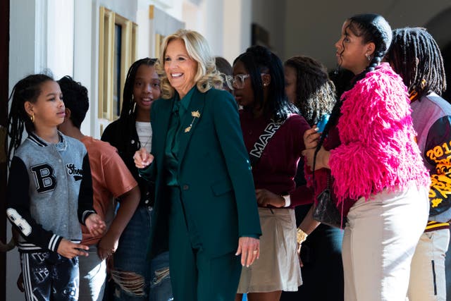 <p>First lady Jill Biden shows students around the White House as she unveils a revamped tour on Monday Oct 21, 2024</p>