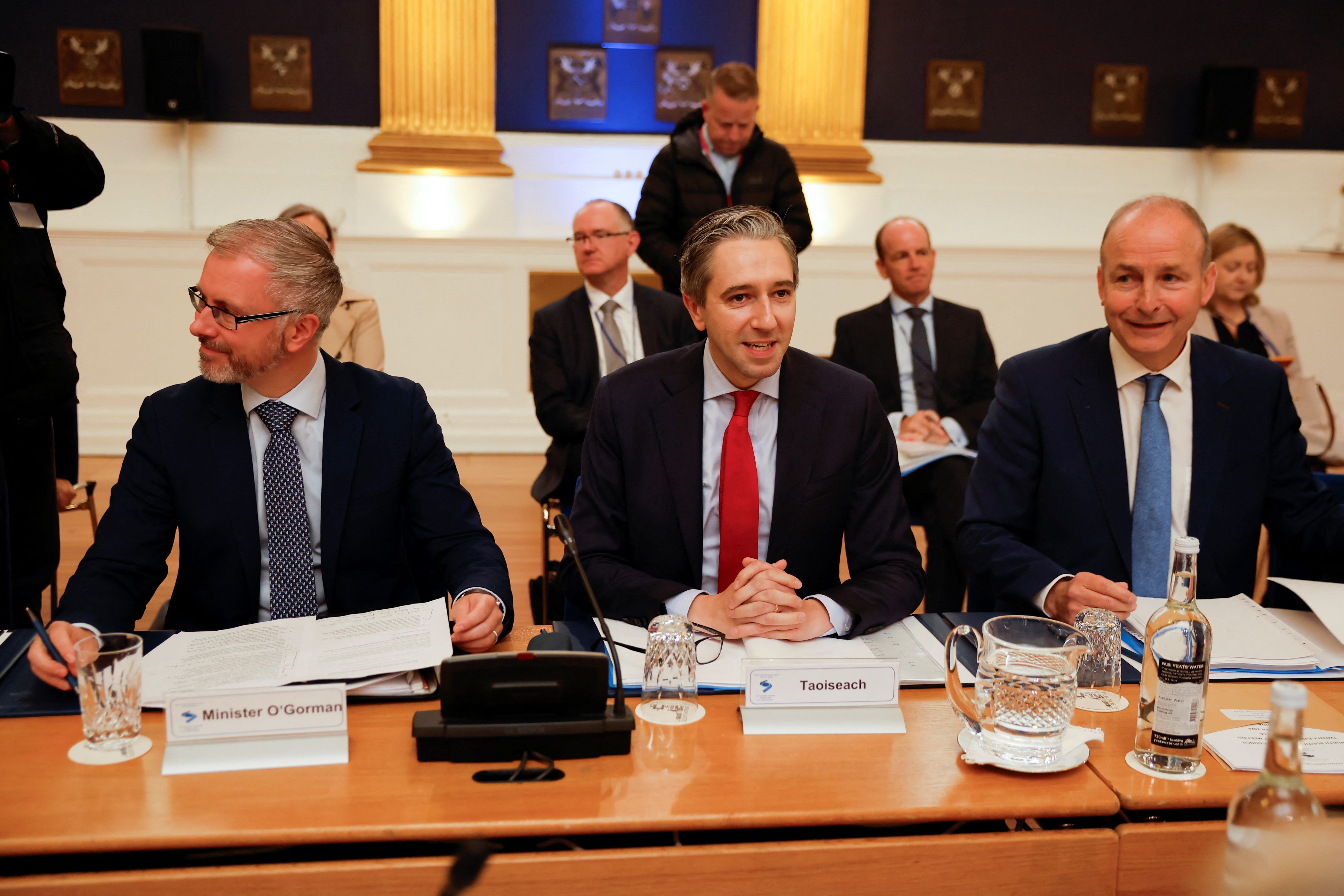 Ireland’s Minister for Children Roderic O’Gorman, Taoiseach Simon Harris, and Tanaiste Micheal Martin (PA)