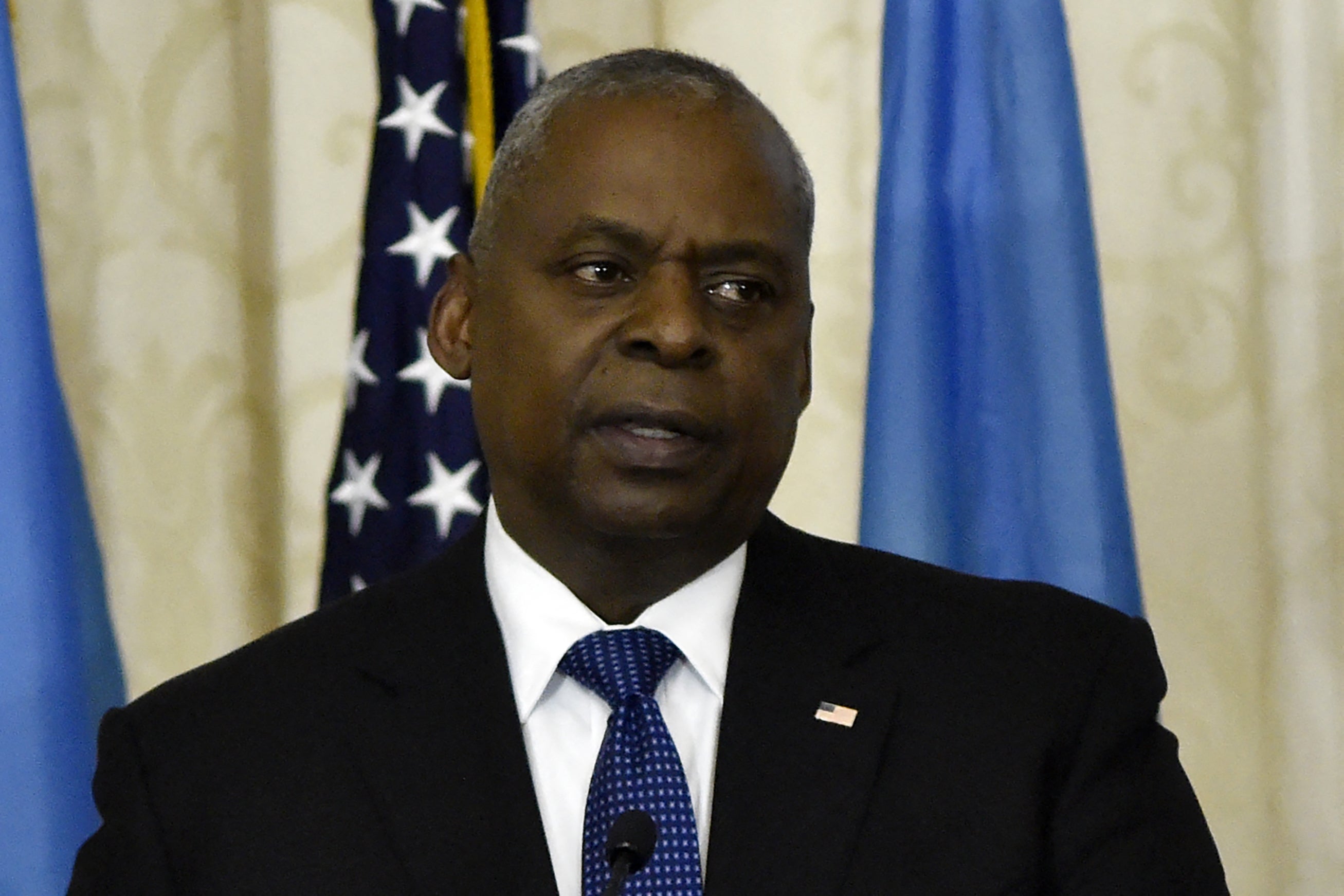 US defence secretary Lloyd Austin speaks at a press briefing following his meeting in Kyiv