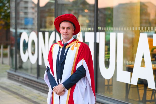 Ipswich Town Football Club manager Kieran McKenna, 38, received an honorary doctorate from the University of Suffolk after securing back-to-back promotions to the Premier League (University of Suffolk/Gregg Brown Photography/PA)