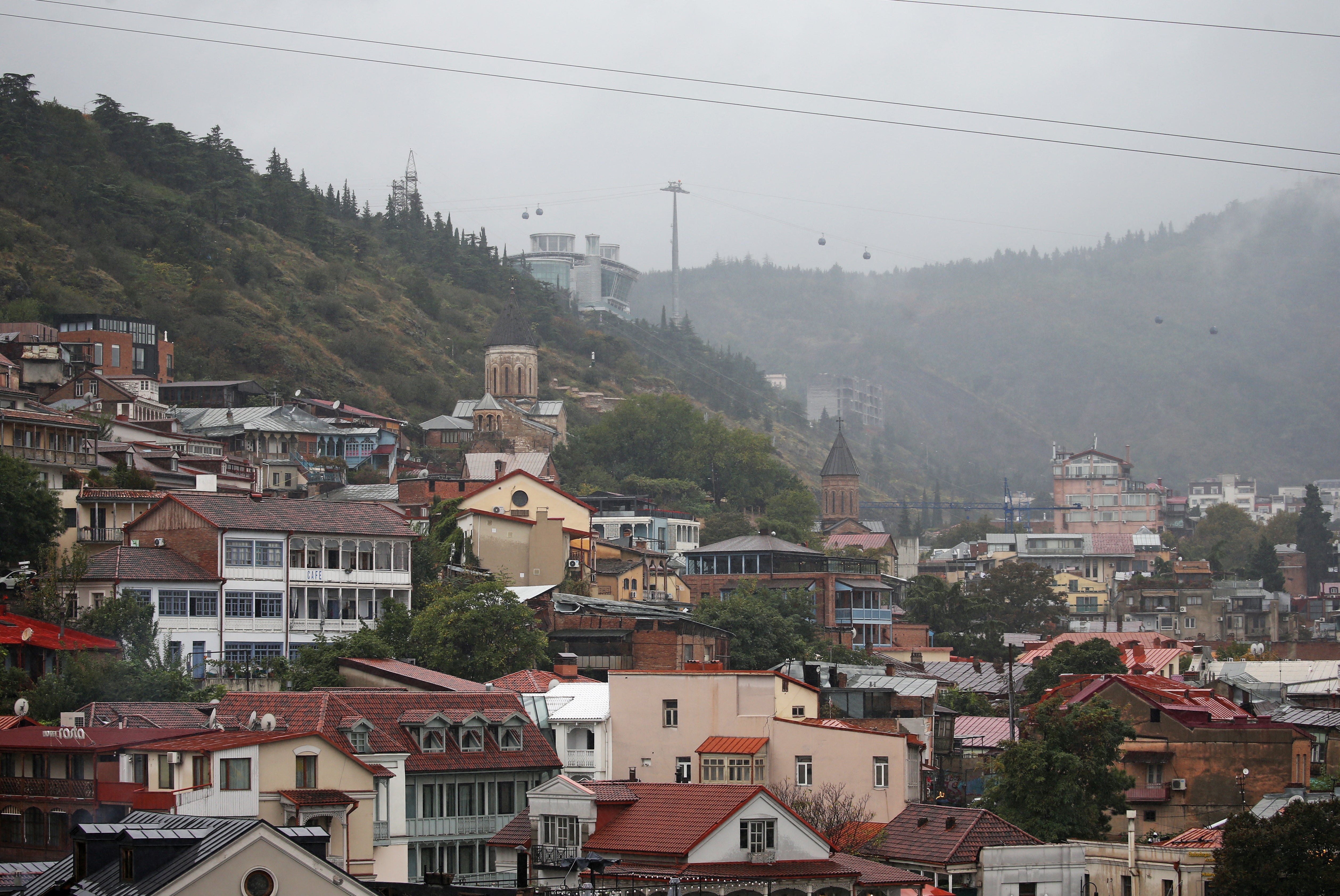 A view shows the residence of Bidzina Ivanishvili, former prime minister and founder of the Georgian Dream party, above the old city buildings in Tbilisi