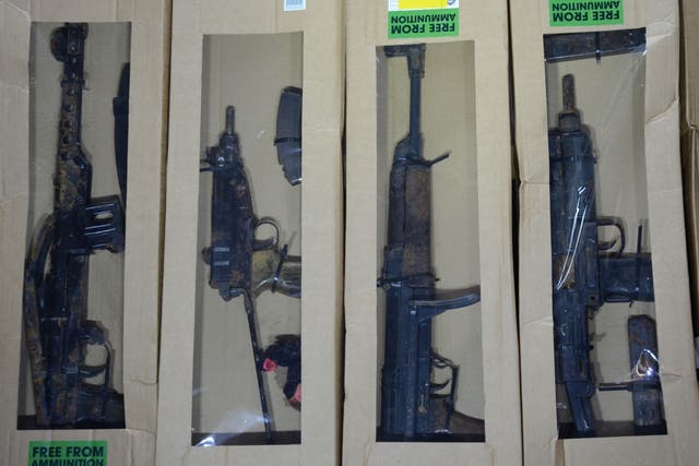 Firearms which were part of an illicit stash of weapons seized by the NCA as part of a ruse by Irish national Thomas Kavanagh, a boss of the Kinahan organised crime group (National Crime Agency/PA)