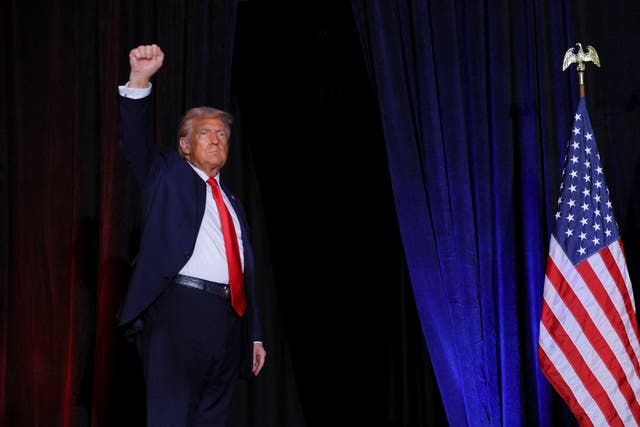 <p>Donald Trump gestures during an 11th Hour Faith Leaders Meeting in Concord, North Carolina on October 21, 2024. He suggested  that if God could serve as “vote counter” for one day, he might win the historically blue state of California</p>