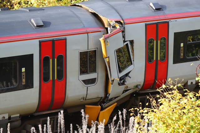 <p>The scene after a collision involving two trains near Llanbrynmair, Wales</p>