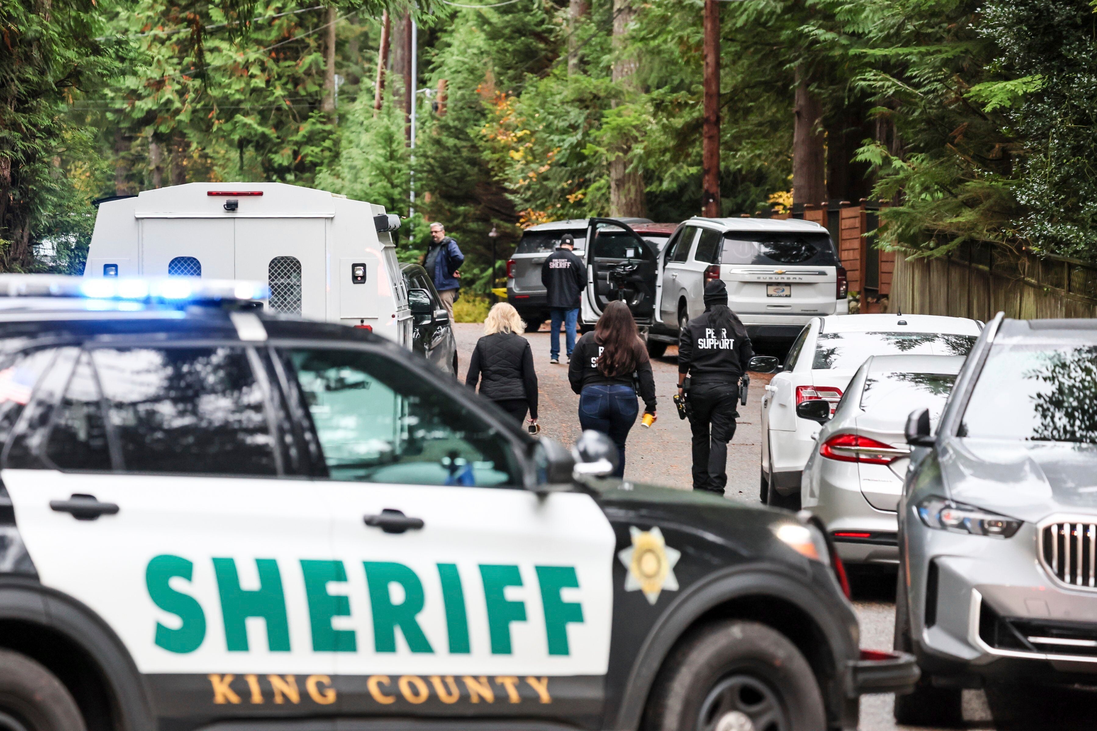 Police arrive on the scene of a shooting in Fall City, Washington, Monday, Oct. 21, 2024. (Kevin Clark/The Seattle Times via AP)