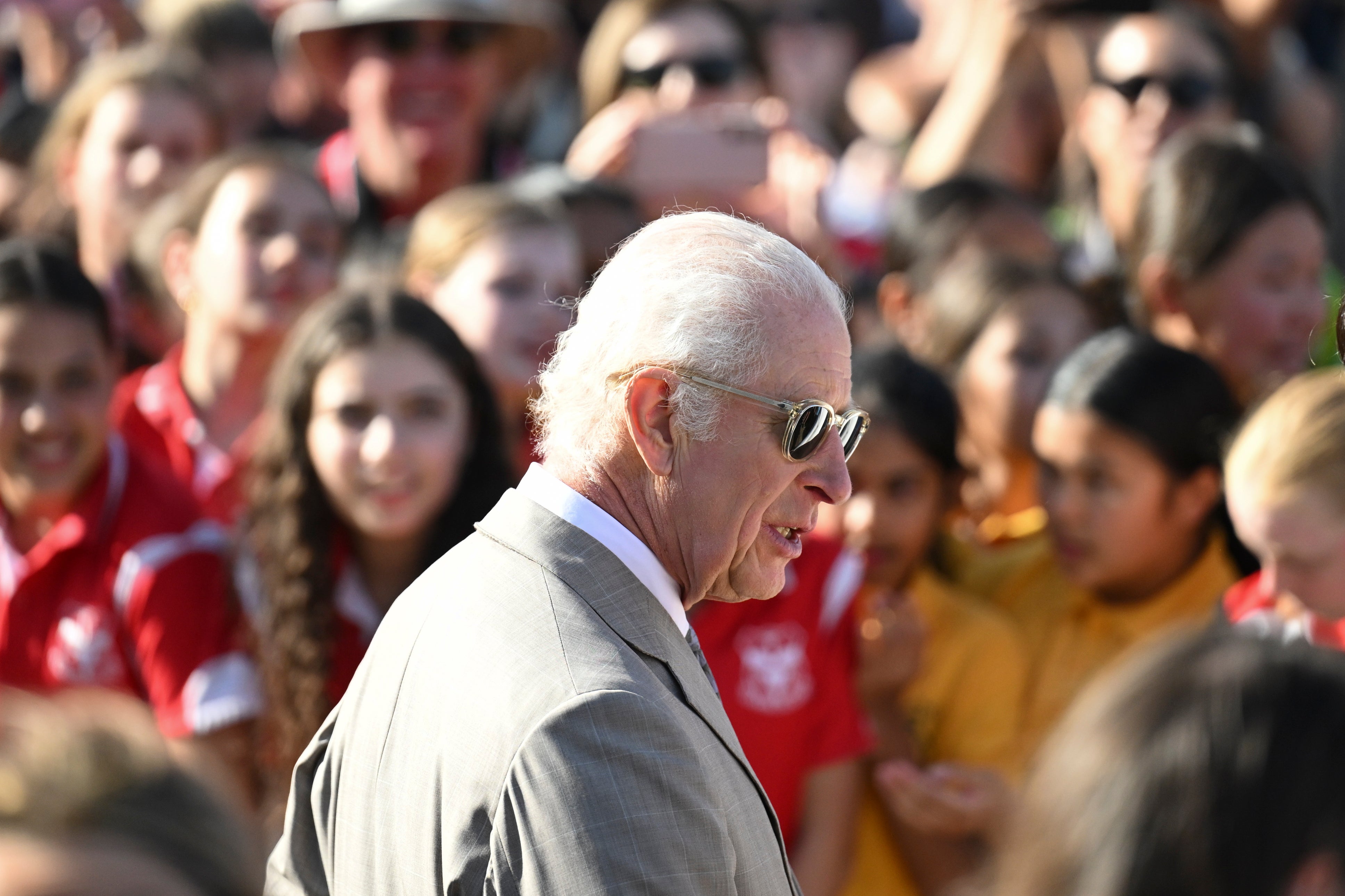 Britain’s King Charles III meets members of the public during a visit to the Sydney Opera House on Tuesday Oct. 22