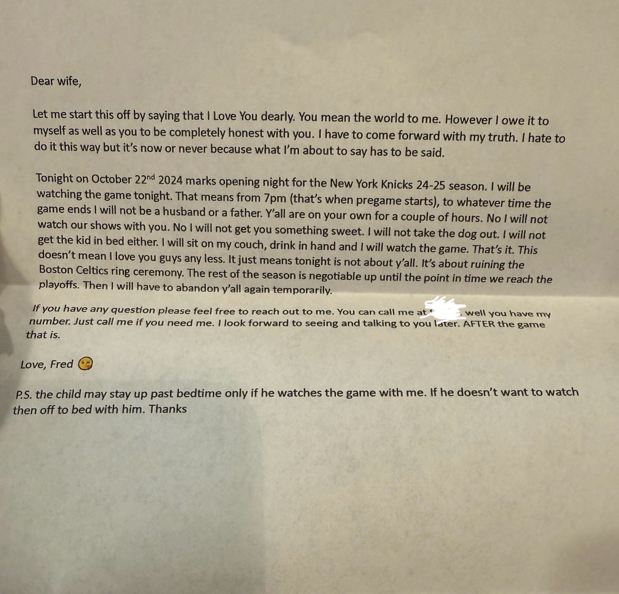 Husband jokingly shares his list of demands in a letter to his wife ahead of the NBA season