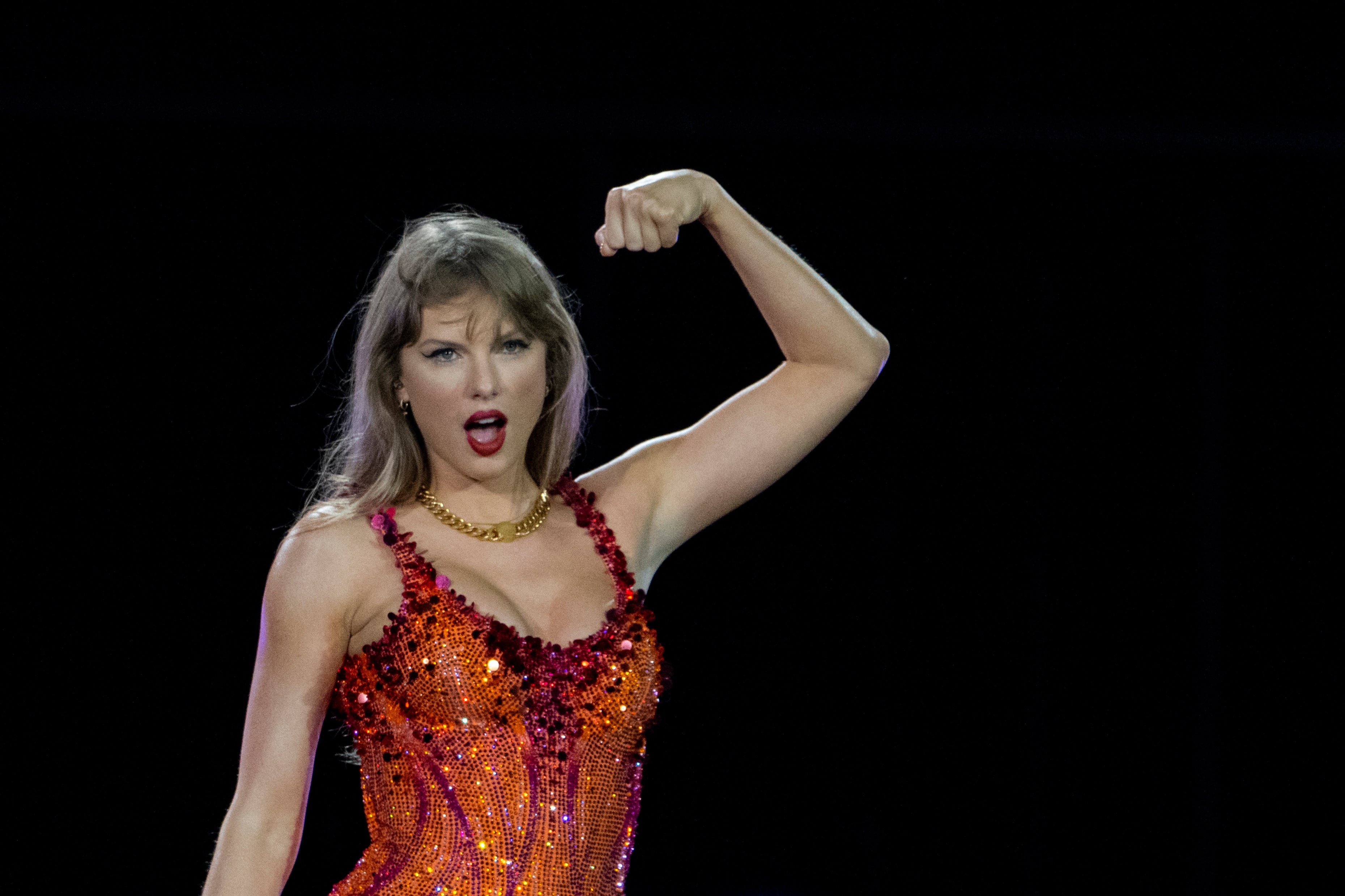 Taylor Swift performs on stage during "The Eras Tour" at the Hard Rock stadium in Miami Gardens, Florida, October 18, 2024