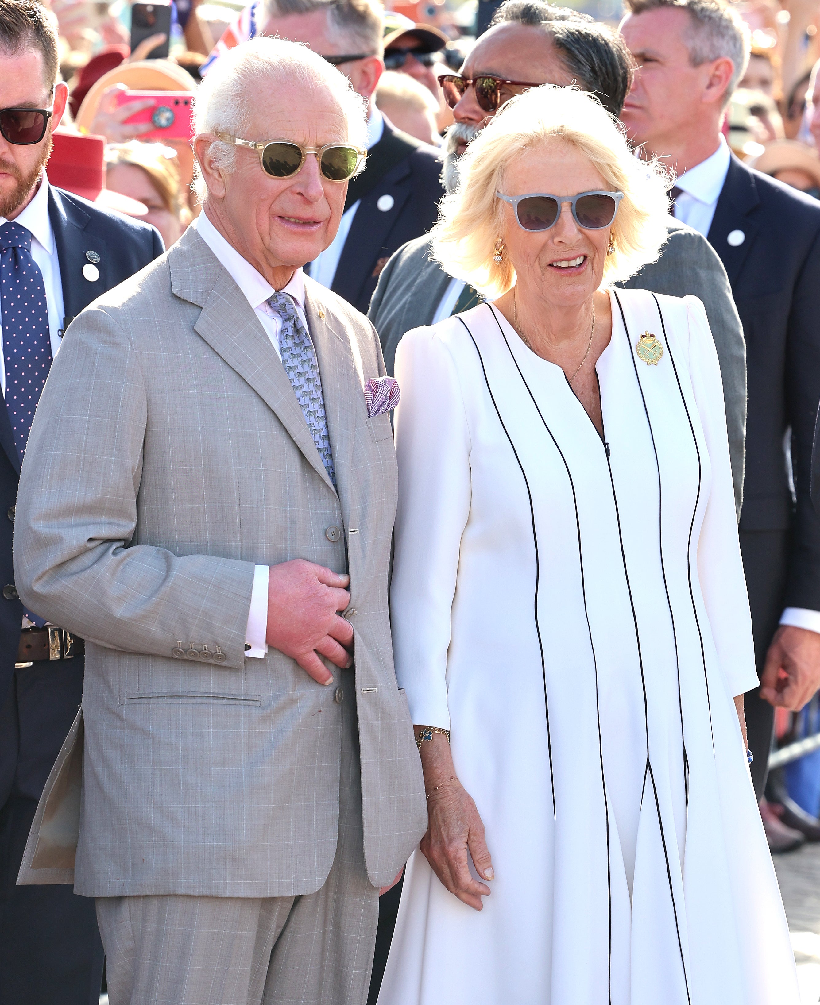 King Charles III and Queen Camilla meet members of the public outside the Sydney Opera House on 22 October 2024 in Sydney, Australia