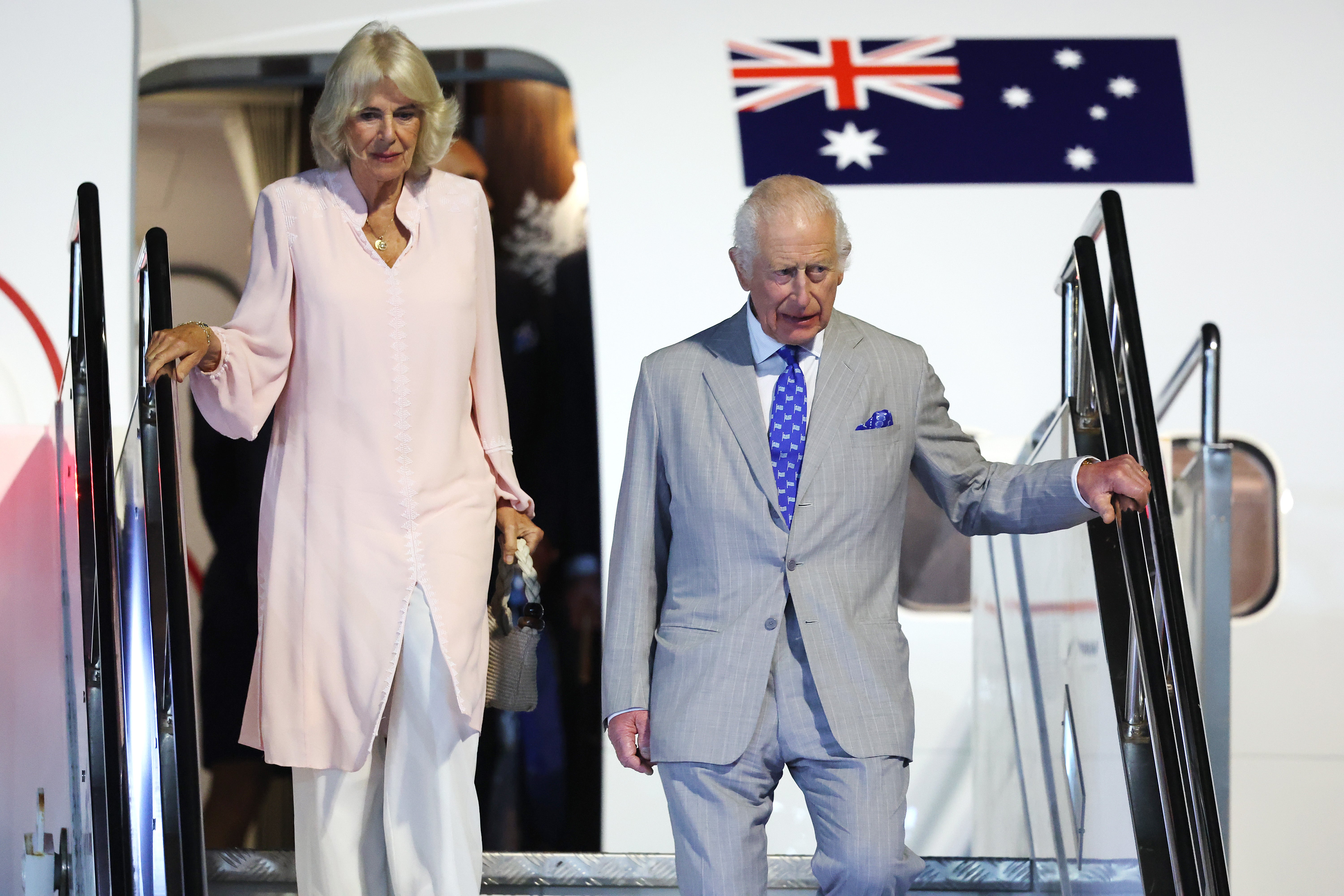 King Charles III and Queen Camilla arrive at Faleolo International Airport for their official welcome on 23 October 2024 in Apia, Samoa