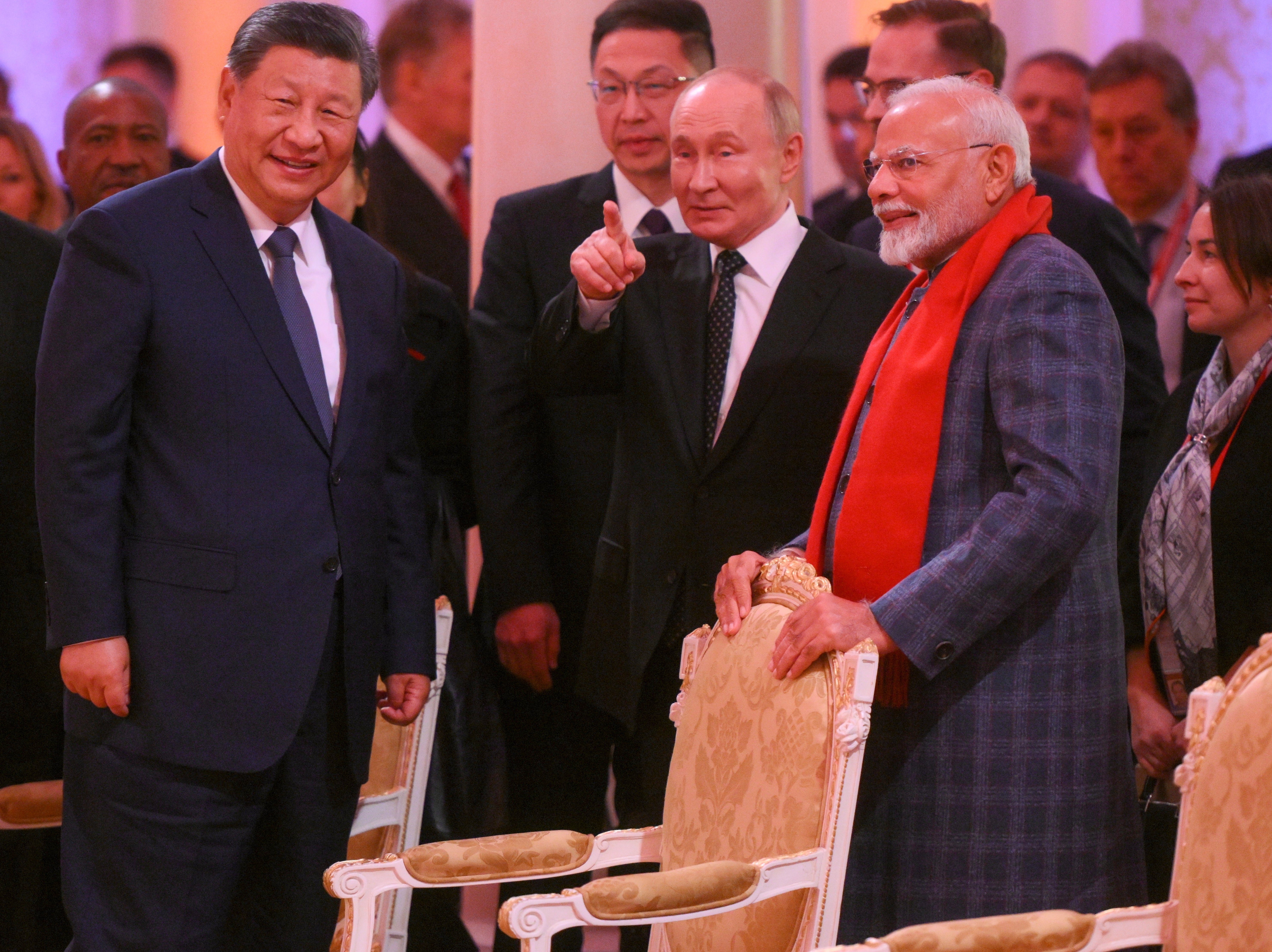 Xi Jinping and Narendra Modi with Russian president   Vladimir Putin be  a performance  connected  the sidelines of the Brics Summit successful  Kazan, Russia, connected  22 October 2024