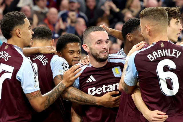 <p>John McGinn of Aston Villa celebrates with teammates after scoring</p>