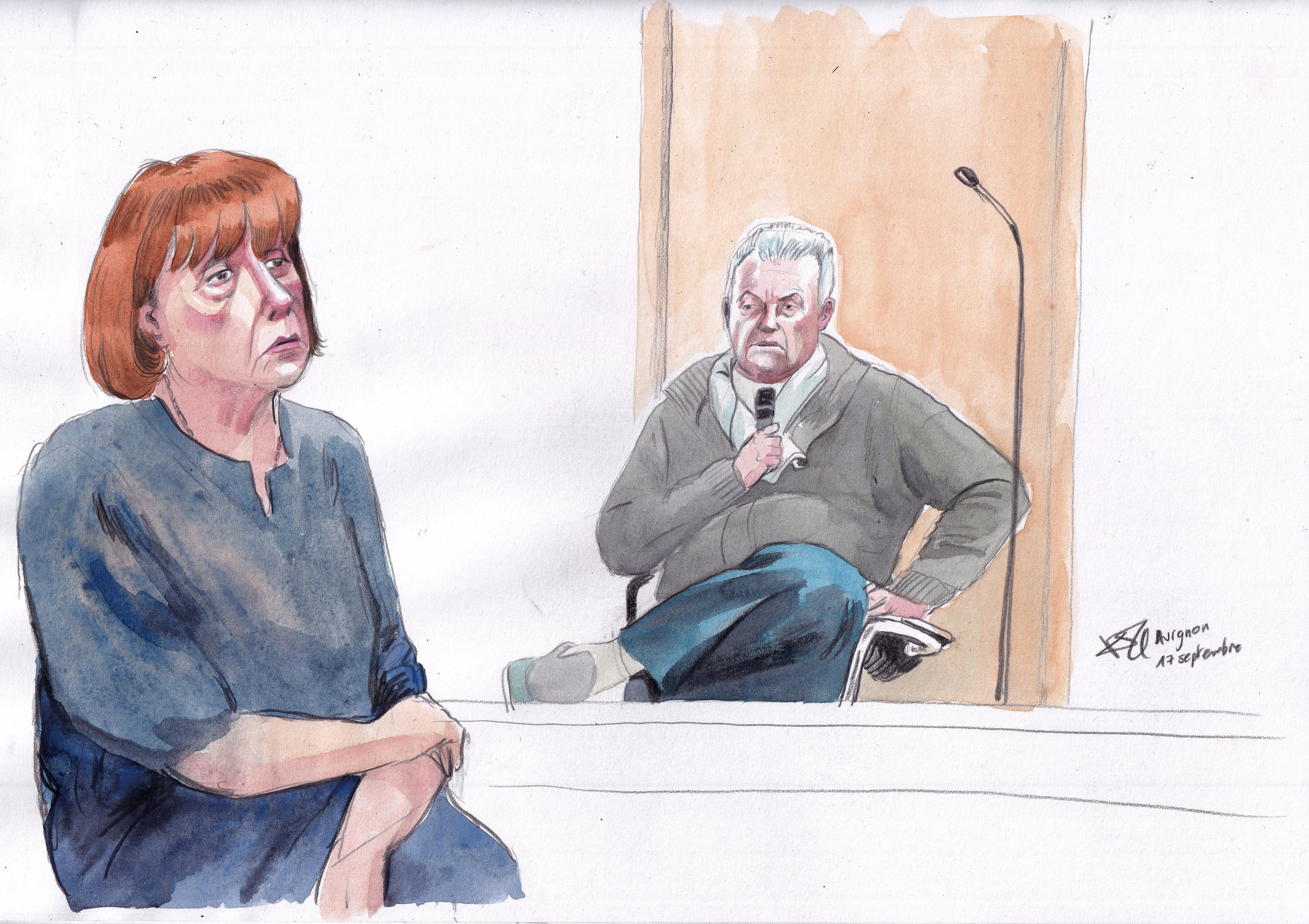 This courtroom sketch by Valentin Pasquier shows Gisee Pelicot, left, and her ex-husband Dominique Pelicot, right, during his trial, at the Avignon court house, in Avignon, southern France, last month