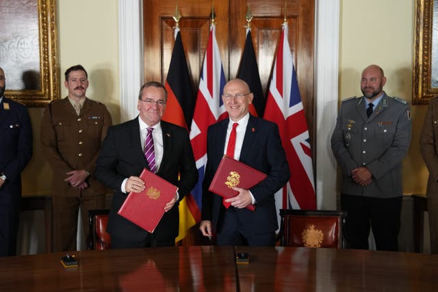 Defence Secretary John Healey (centre right) and his German counterpart Boris Pistorius at the signing of a new UK-Germany Defence Agreement at Trinity House in London (Jordan Pettitt/PA)