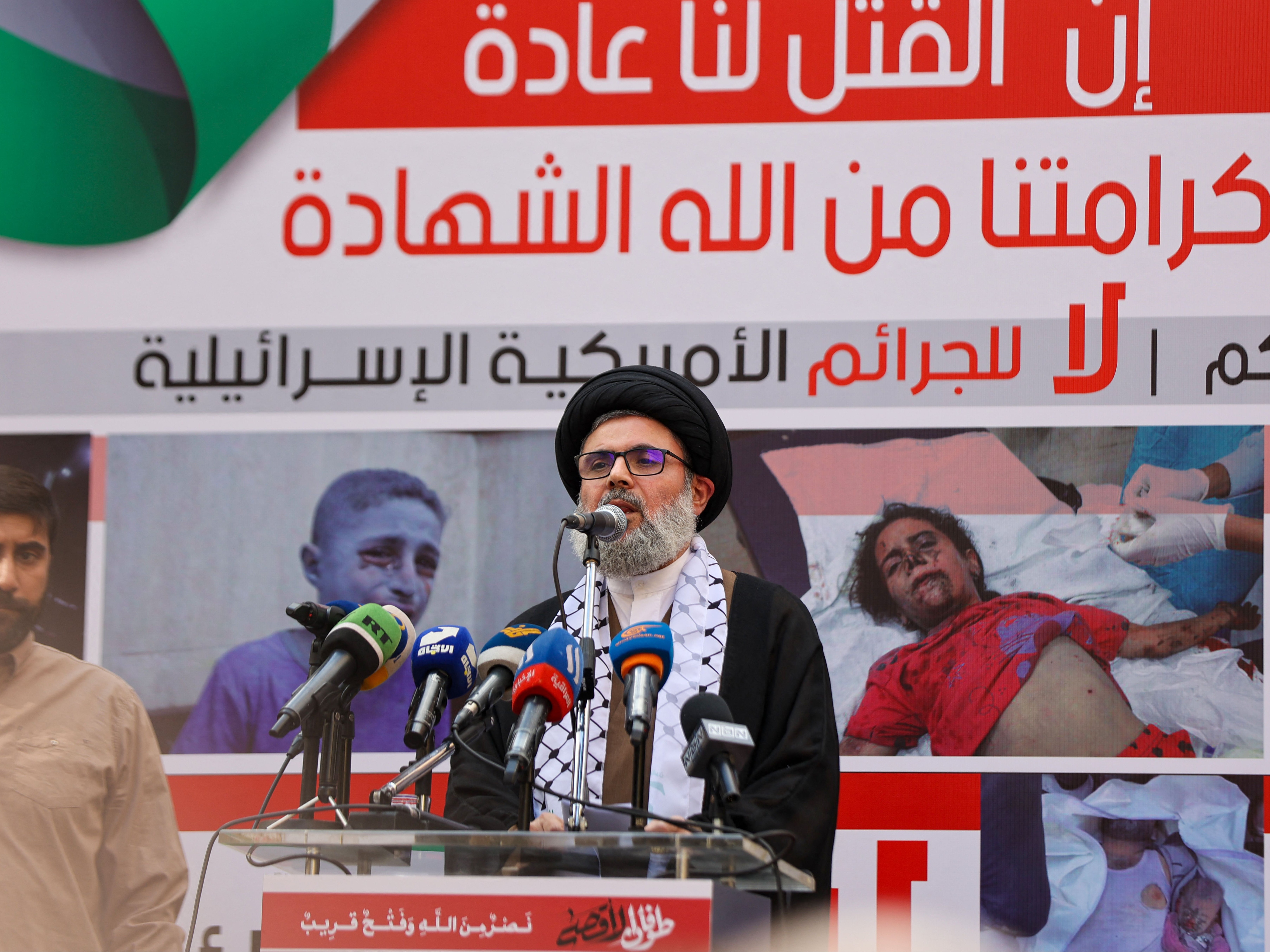 Hashem Safieddine addresses a public demonstration against Israel’s bombing of a Gaza hospital that killed hundreds of Palestinaians, in Beirut, Lebanon, on 18 October 2023