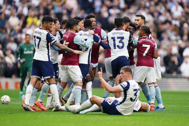 <p>Tottenham have been fined for their players’ role in the melee towards the end of the West Ham game </p>