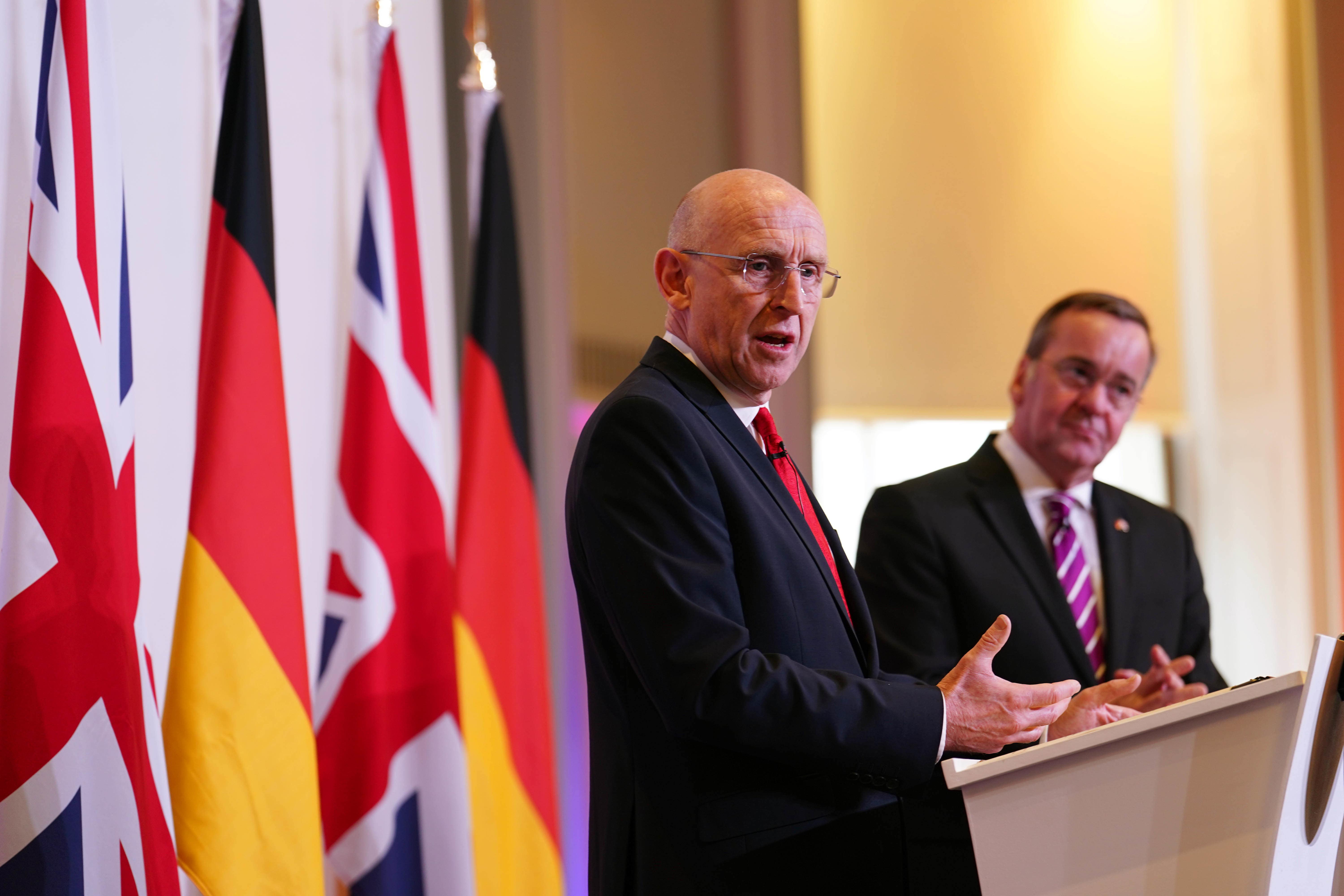 Defence Secretary John Healey (left) and his German counterpart Boris Pistorius speaking at a press conference after signing a new UK-Germany Defence Agreement at Trinity House in London (Jordan Pettitt/PA)