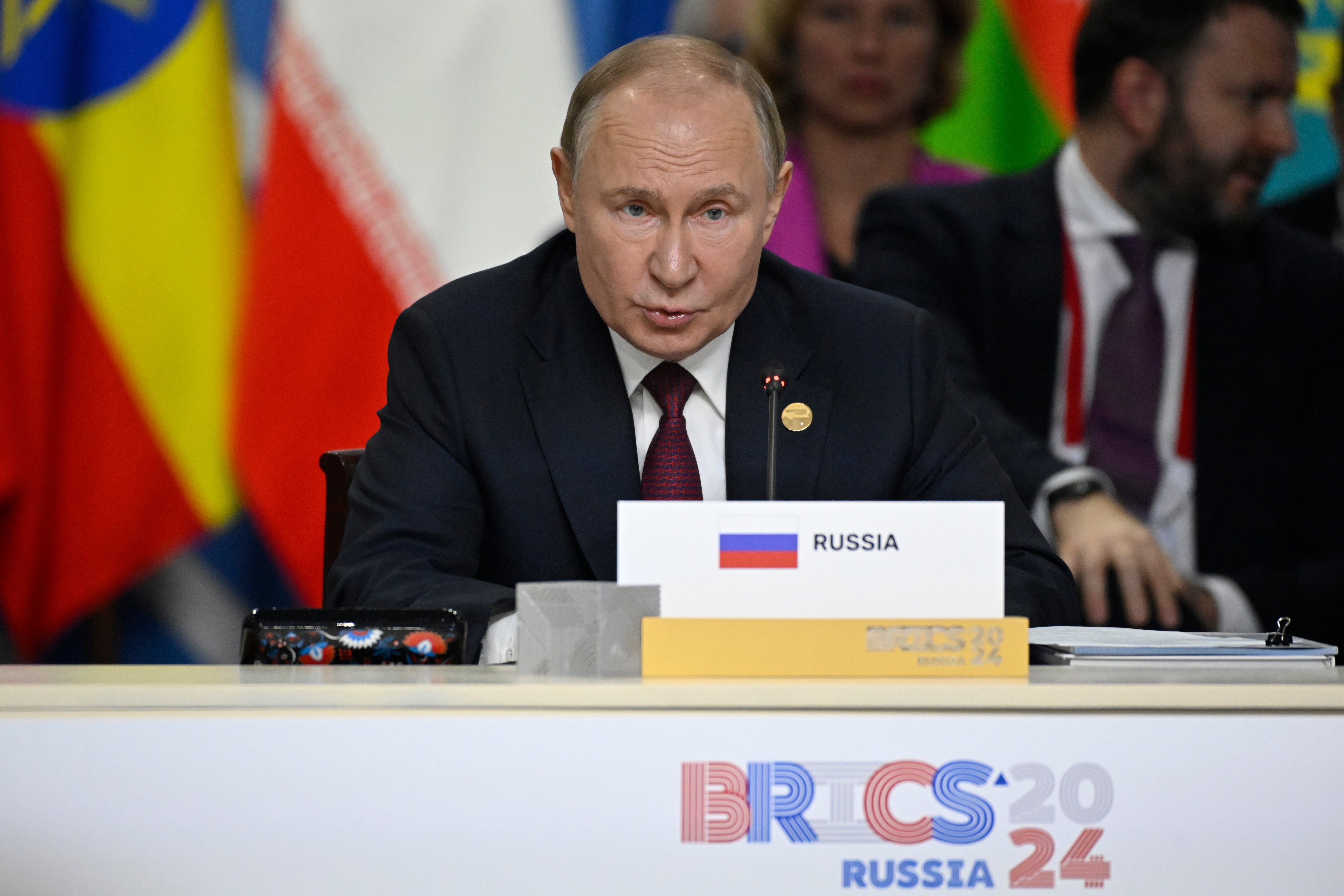 Russian president Vladimir Putin speaks at BRICS Summit extended format session in Kazan, Russia