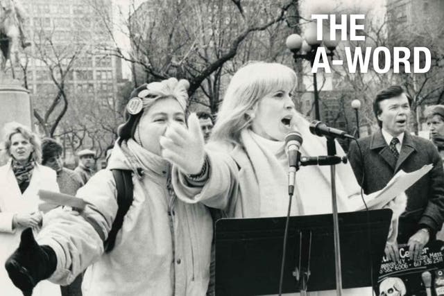 <p>Merle Hoffman and Sue Davis address a New York City rally in 1989 with abortion rights advocate Bill Baird, right</p>