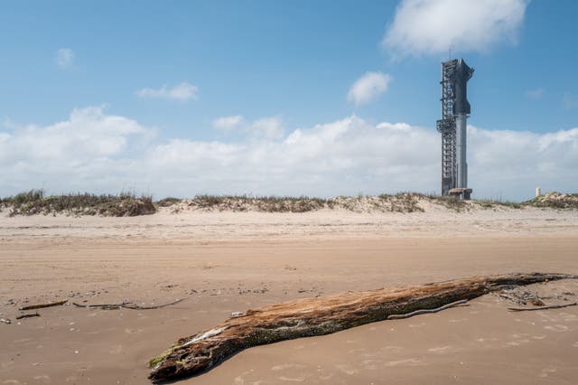 <p>A SpaceX Starship Flight 3 Rocket sits near Boca Chica Beach, where the company has a launch area. SpaceX employee Kevin Edward Escobar died after swimming at the same beach on Sunday</p>