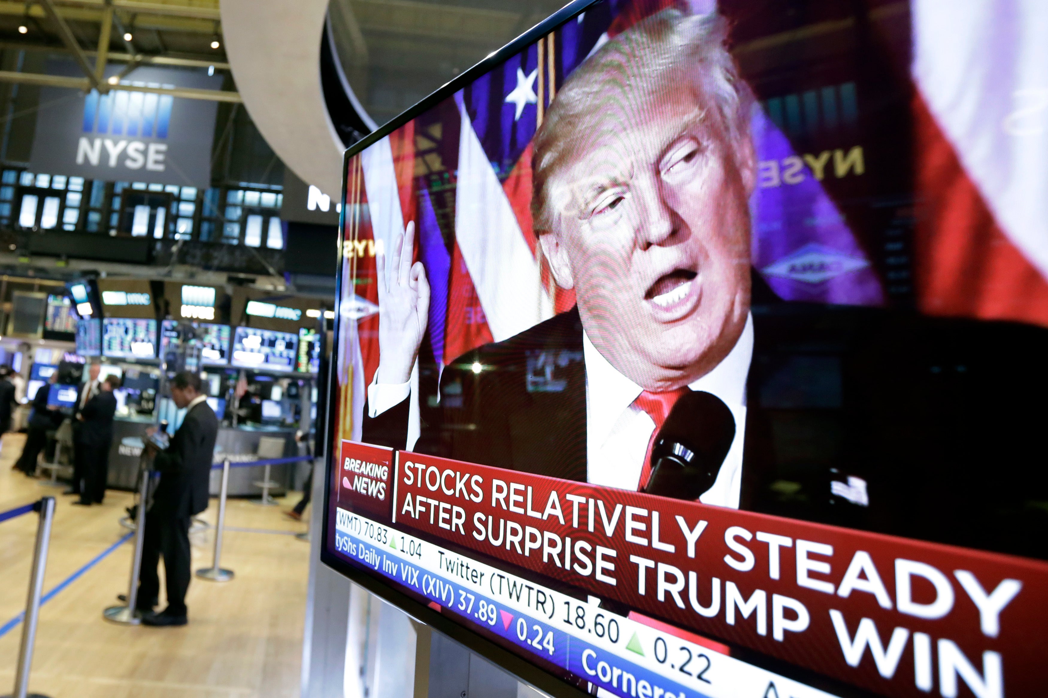  A TV screen at the New York Stock Exchange after Trump’s 2016 win