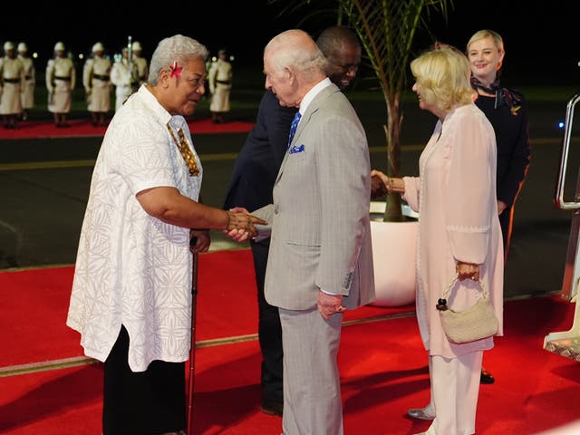 <p>King Charles and Queen Camilla meet Samoa’s prime minister Fiame Naomi Mataʻafa as they arrive for the CHOGM summit</p>