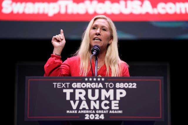 <p>Marjorie Taylor Greene (speaking at a Donald Trump presidential campaign event in Savannah, Georgia, in September) is never short of a wild conspiracy theory</p>