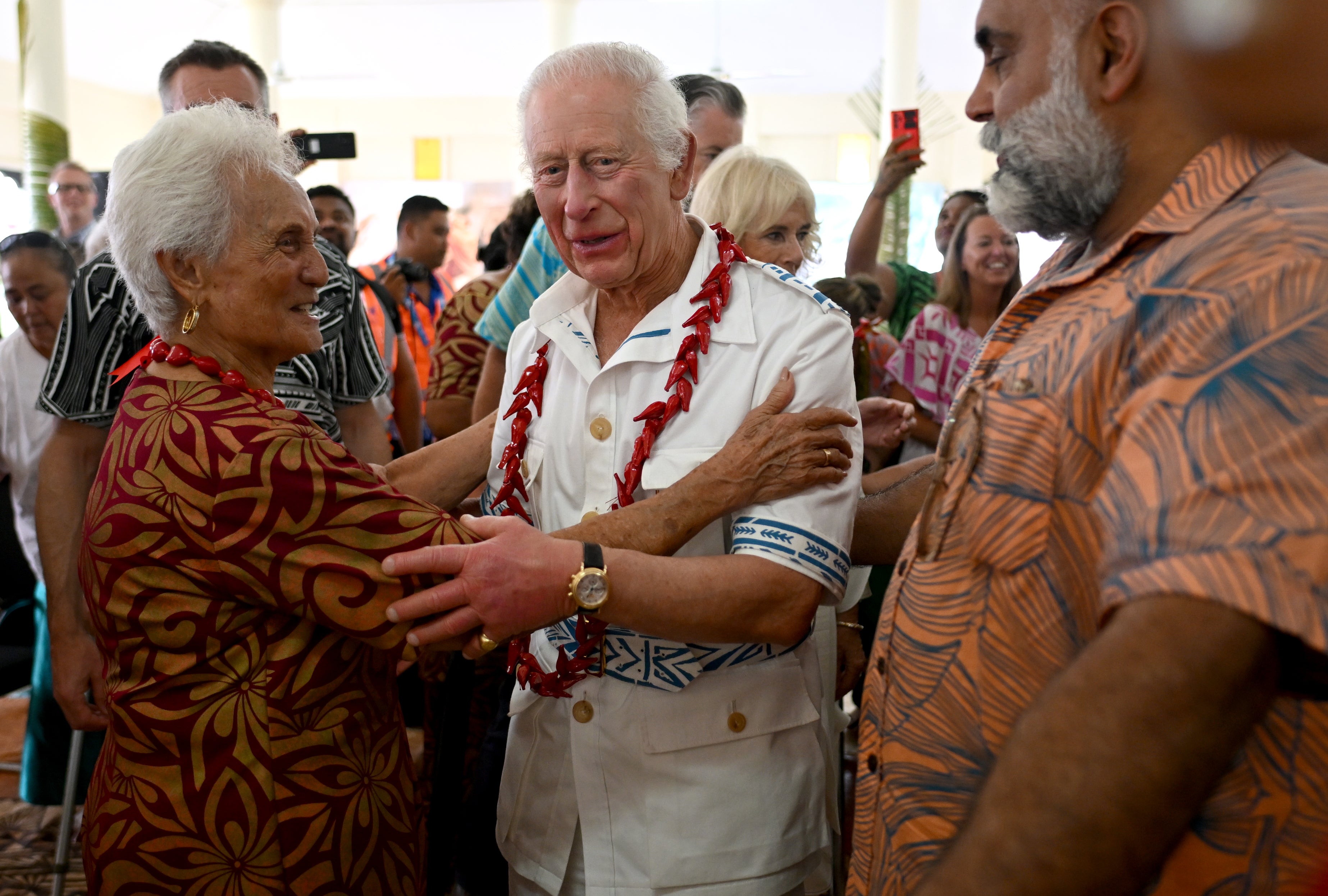 King Charles is greeted as he arrives for a traditional ‘ava’ ceremonial welcome