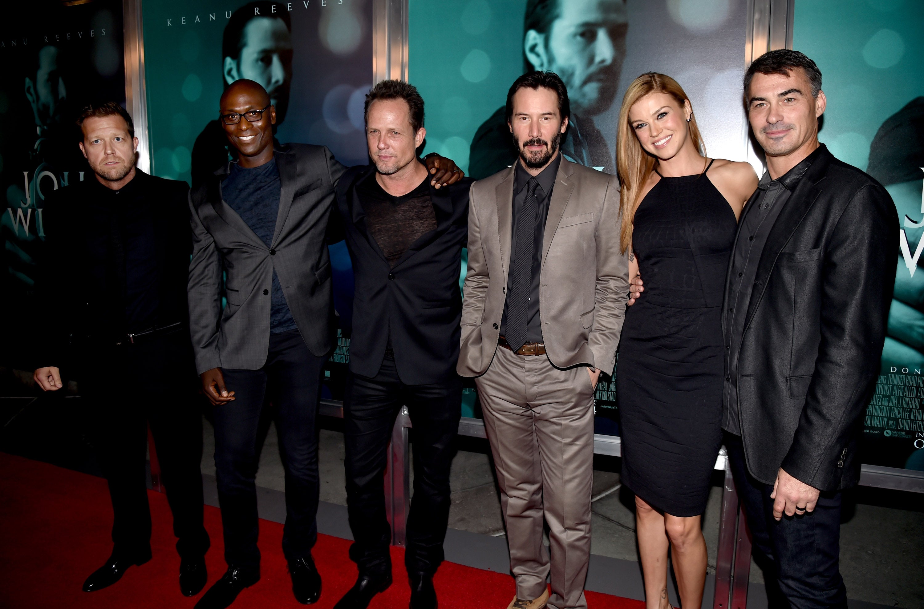 David Leitch, Lance Reddick, Dean Winters, Keanu Reeves, Adrianne Palicki and Chad Stahelski at the John Wick screening in 2014