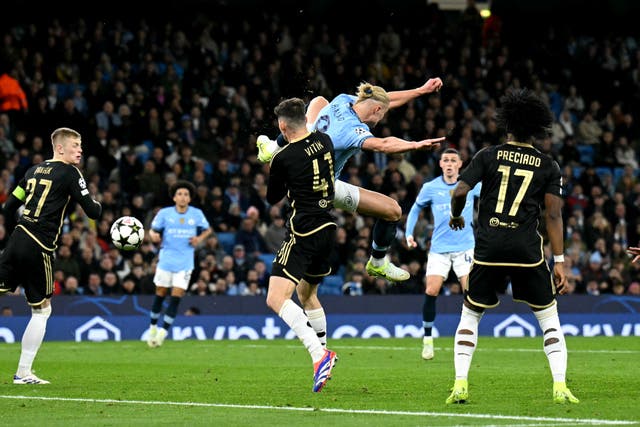 <p>Erling Haaland scores Manchester City’s second goal</p>