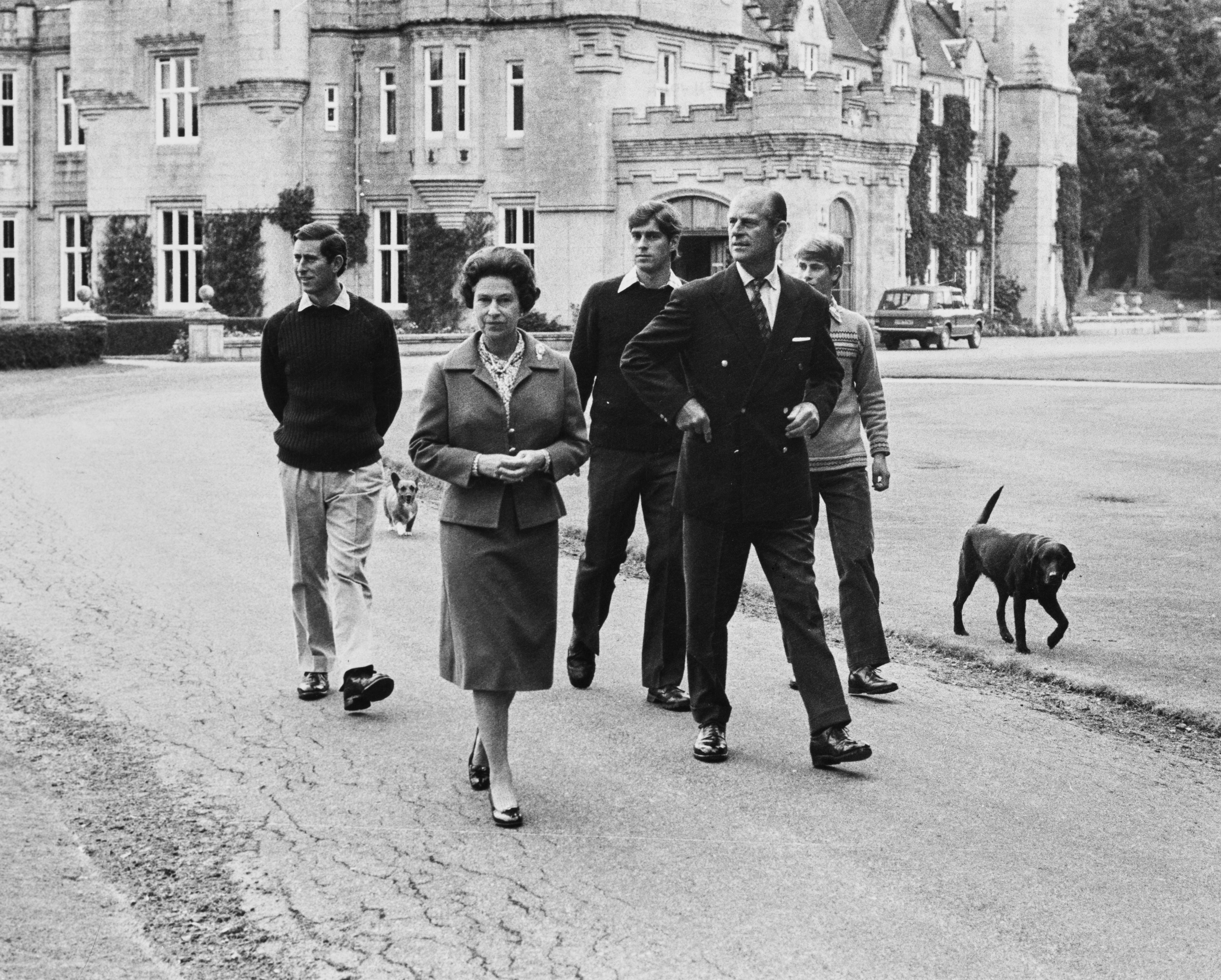 King Charles (then Prince), walking with his family, including the Queen, in Balmoral in 1979