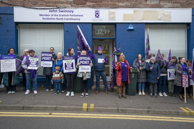 Striking workers demonstrated outside First Minister John Swinney’s constituency office in Blairgowrie (Jane Barlow/PA)