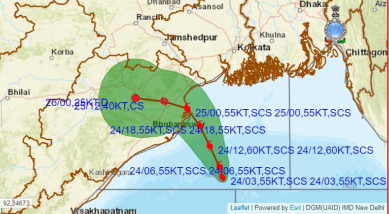 Map shows way  of Cyclone Dana arsenic  it barrels towards Indian states of Odisha and West Bengal