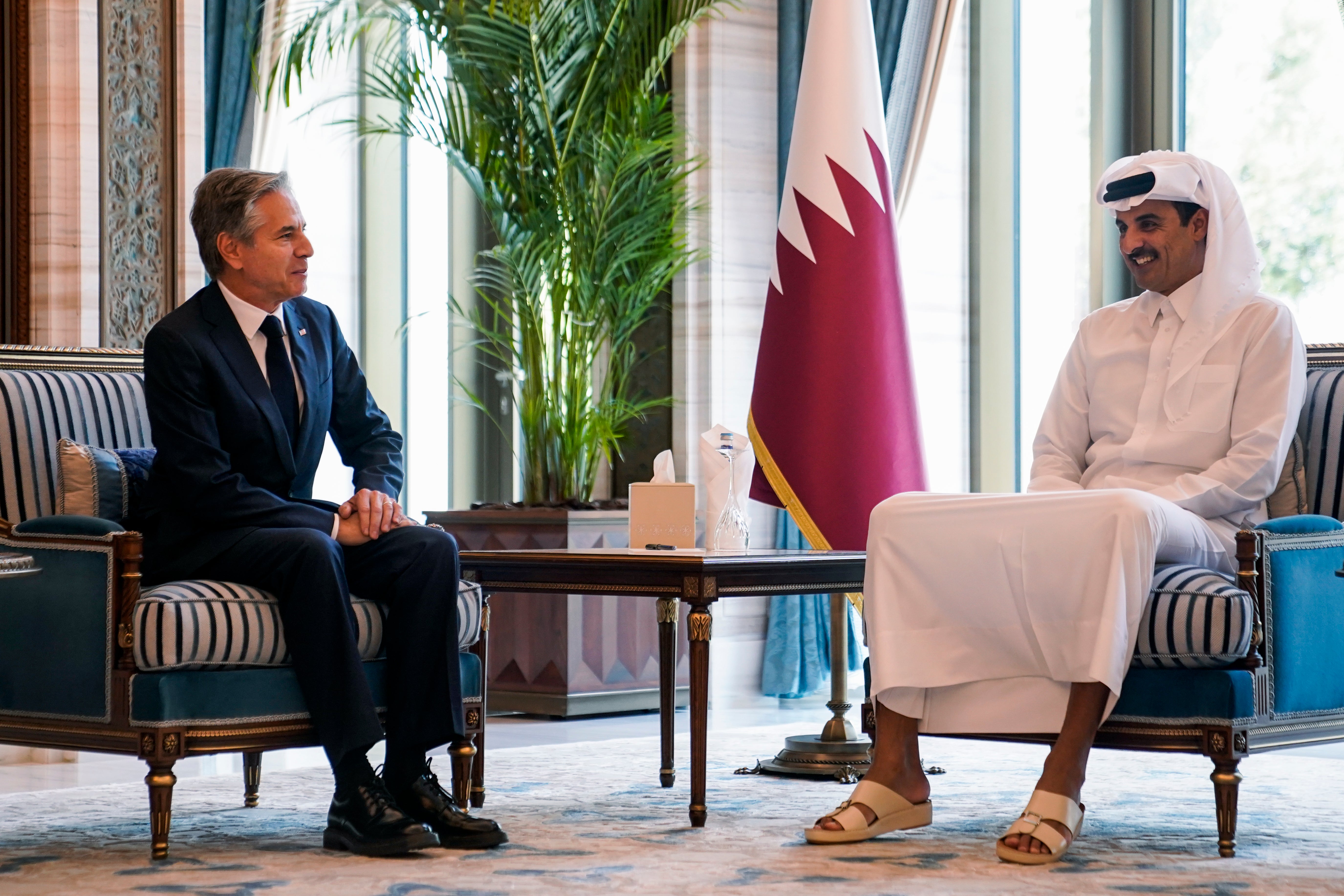 US secretary of state Antony Blinken, left, meets with Qatar's Emir Sheikh Tamim bin Hamad al-Thani in Doha, in October