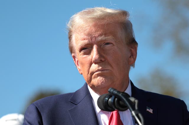 <p>Donald Trump delivers remarks as he visits a neighborhood affected by Hurricane Helene on October 21 in Swannanoa, North Carolina. A new national poll shows him ahead of Harris less than two weeks before the election </p>