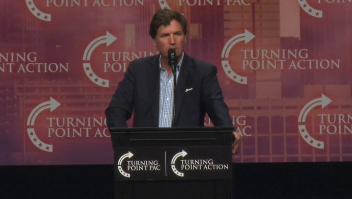 Tucker Carlson speaks at a Turning Point rally in Duluth, Georgia, on Wednesday, October 23, 2024