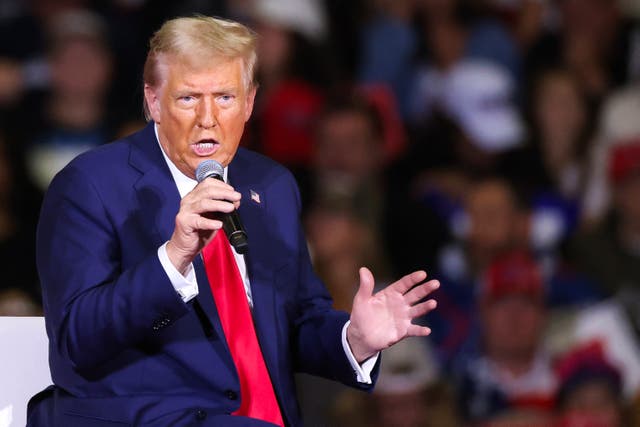 <p>Former president Donald Trump speaks during a town hall at the Convention Center in Lancaster, Pennsylvania. He has claimed there are 500,000 fracking jobs in Pennsylvania, though the actual figure is likely lower </p>