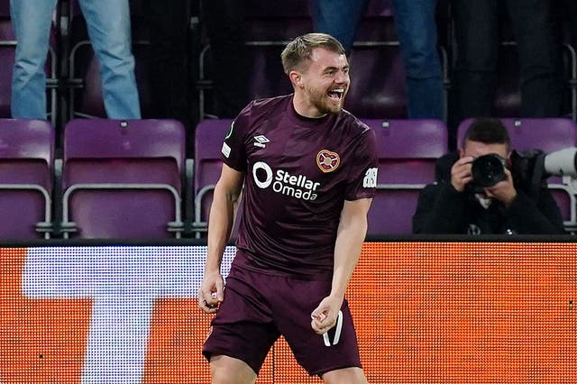 Alan Forrest celebrates his strike against Omonia (Jane Barlow/PA)