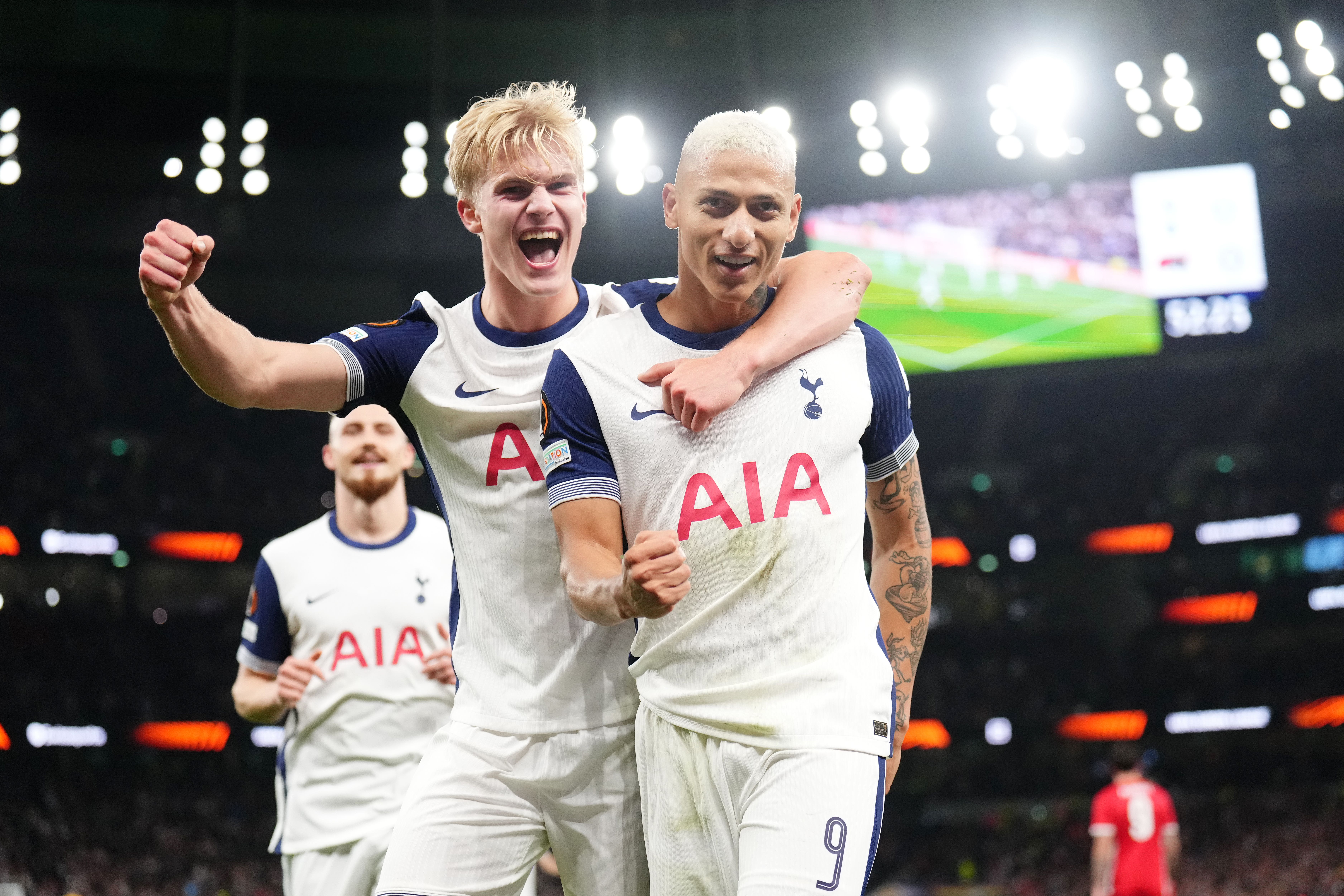 Tottenham forward Richarlison (right) celebrates scoring in the 1-0 win over AZ Alkmaar (John Walton/PA)