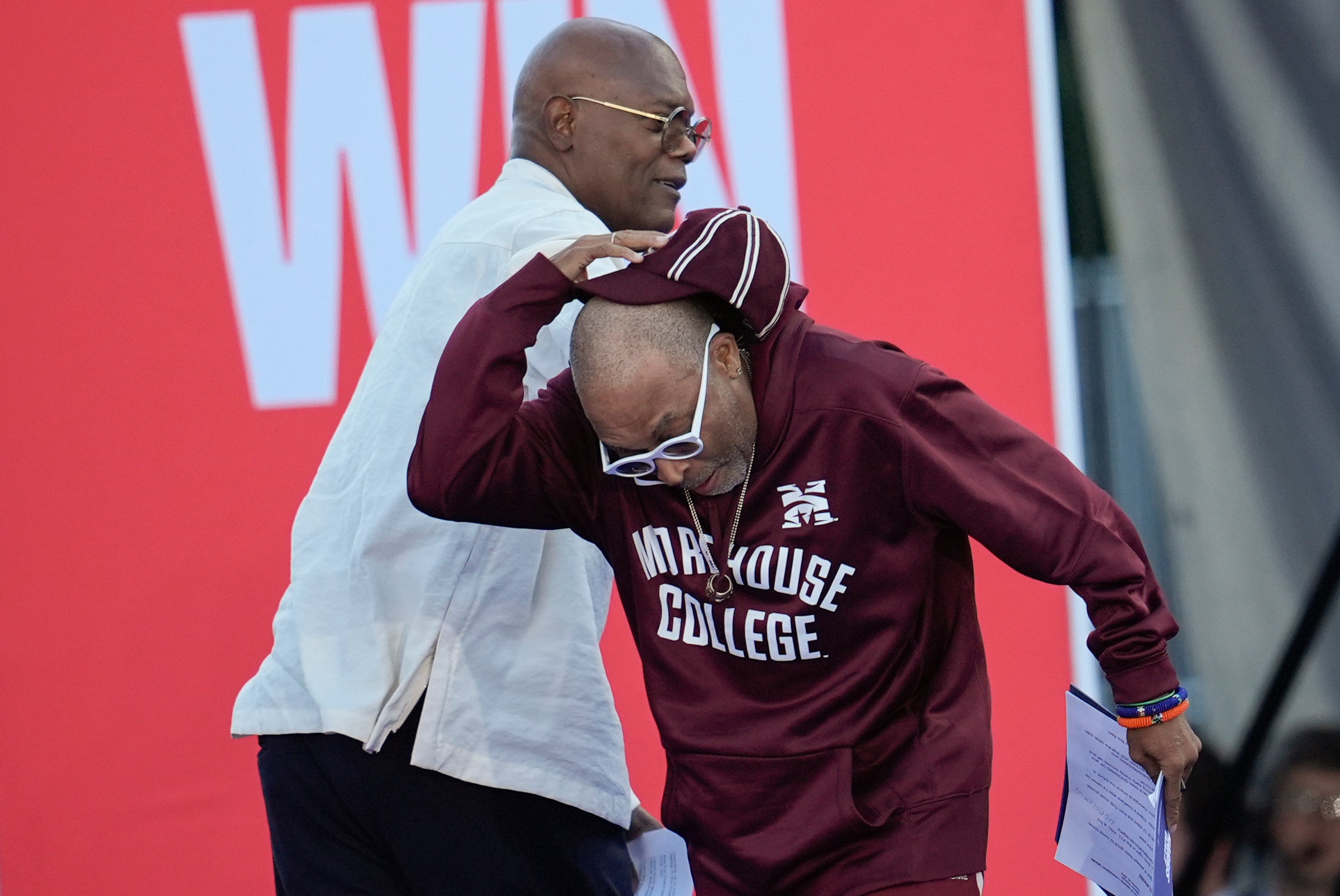 Acclaimed filmmakers Spike Lee and Samuel L Jackson also addressed the crowd – although Lee nearly lost his hat while walking on stage