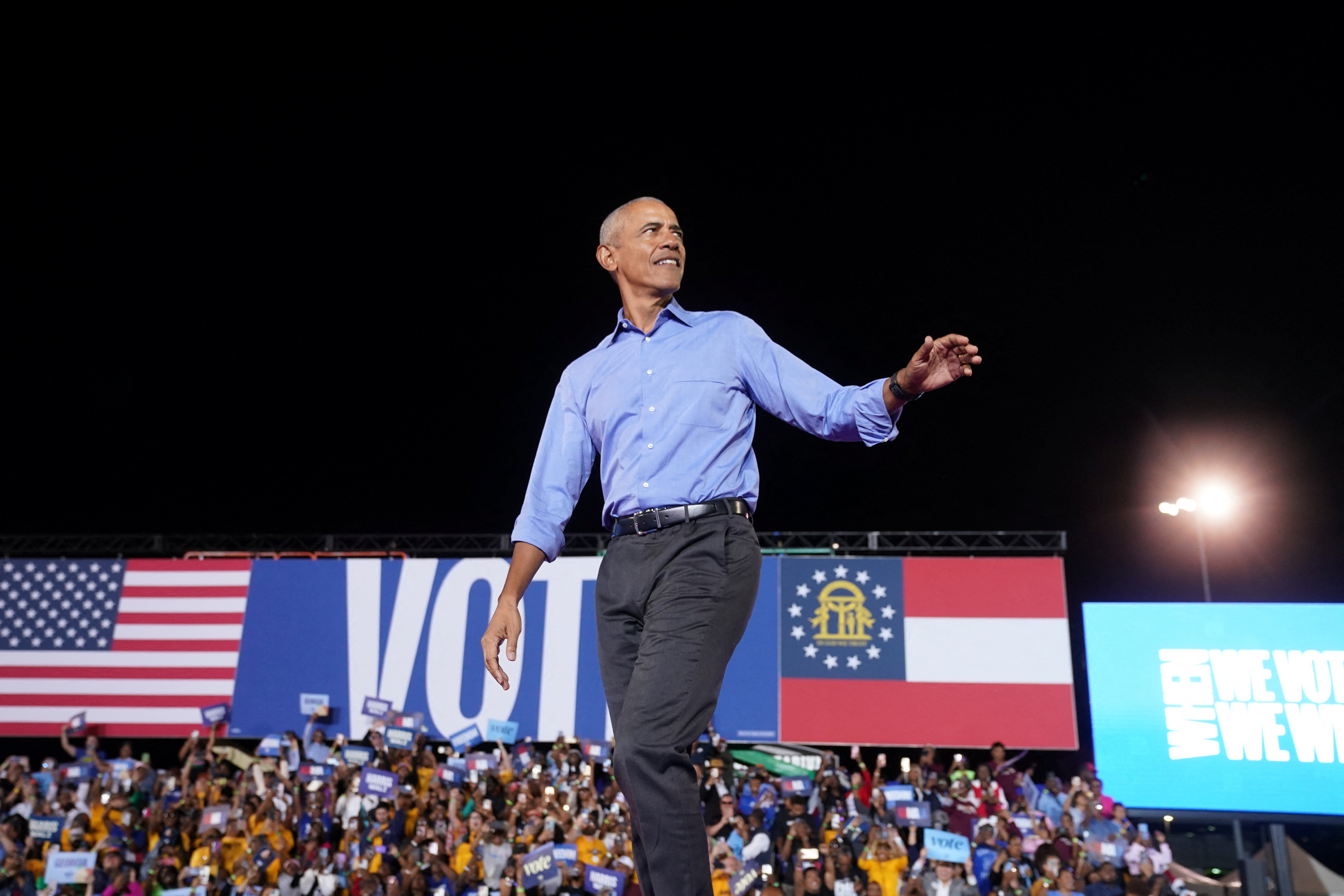 Former U.S. President Barack Obama attends a rally for Democratic presidential nominee U.S. Vice President Kamala Harris in Georgia, U.S., October 24, 2024