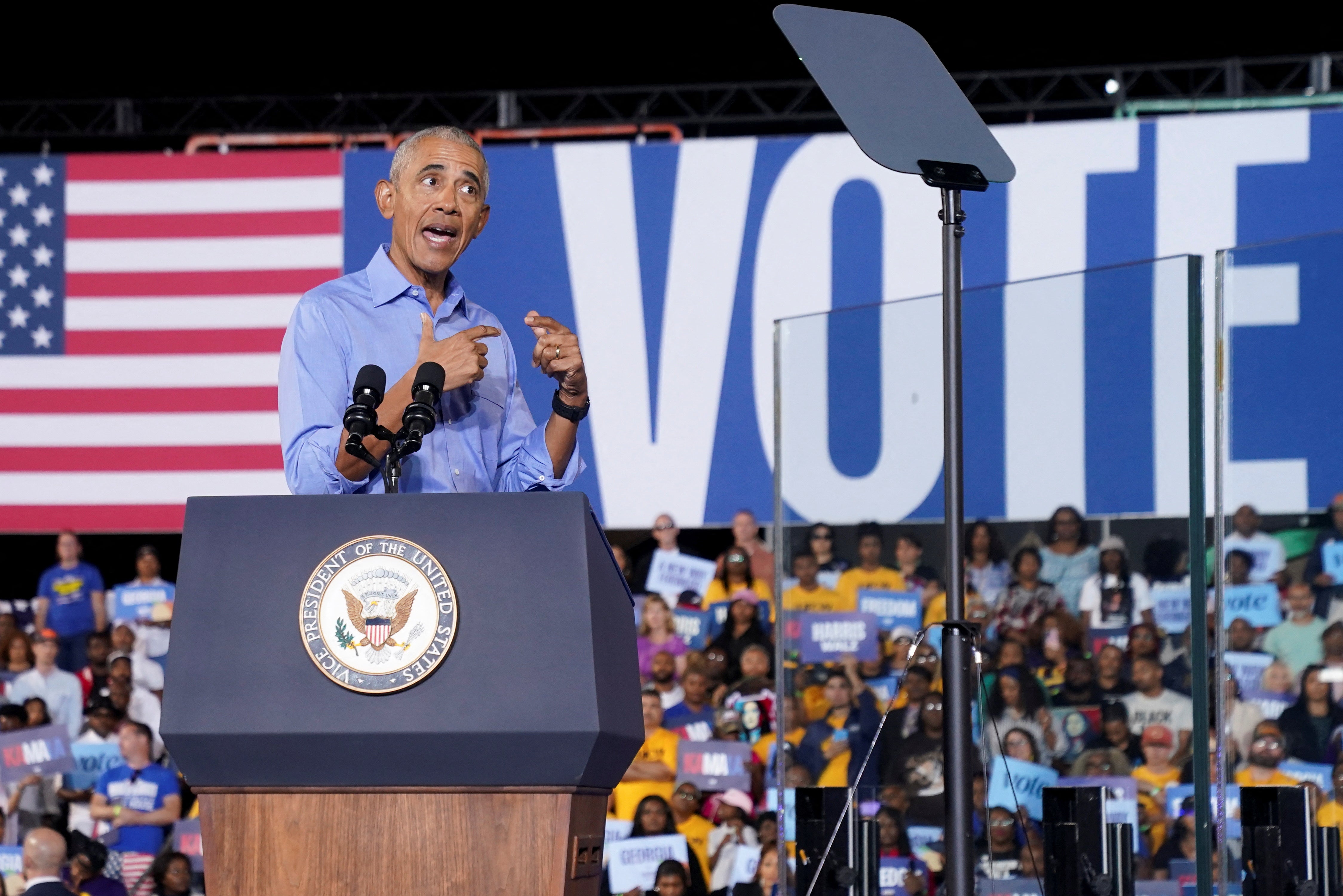 Former U.S. President Barack Obama speaks during a rally for Democratic presidential nominee U.S. Vice President Kamala Harris in Georgia, U.S., October 24, 2024