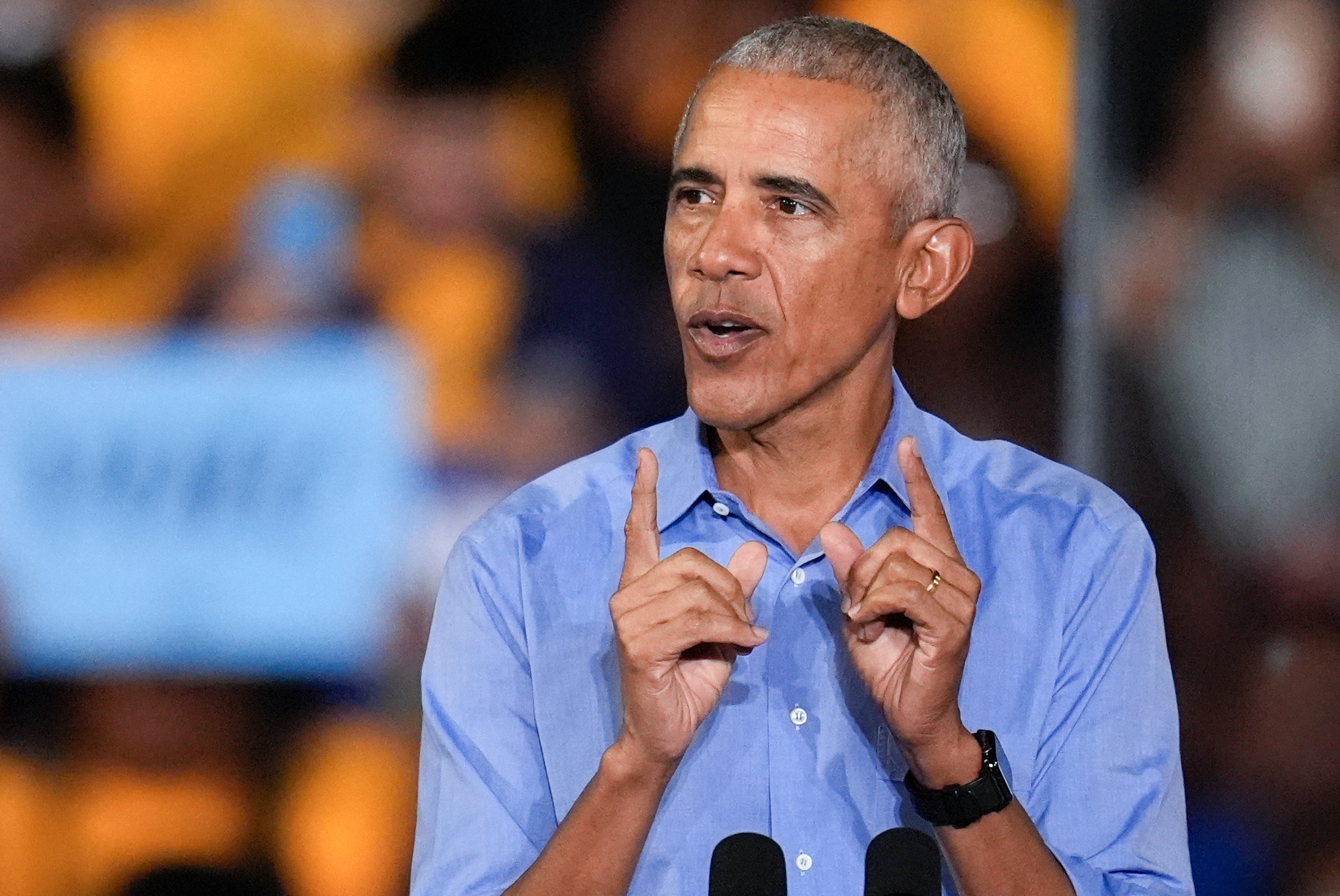 Former President Barack Obama speaks during a campaign rally supporting Democratic presidential nominee Vice President Kamala Harris on Thursday, Oct. 24, 2024, in Clarkston, Georgia