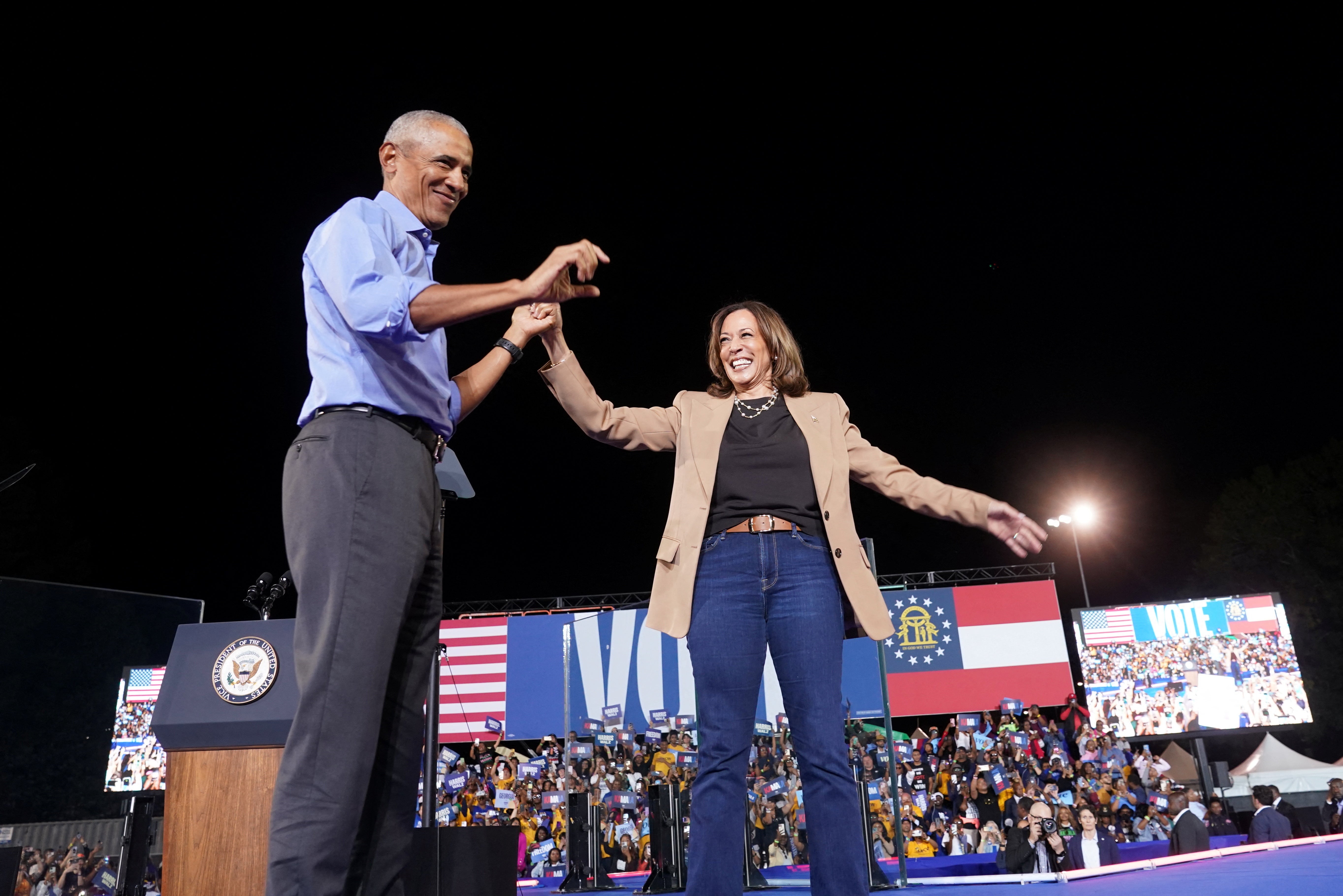 Former U.S. President Barack Obama attends a rally for Democratic presidential nominee U.S. Vice President Kamala Harris in Georgia, U.S., October 24, 2024