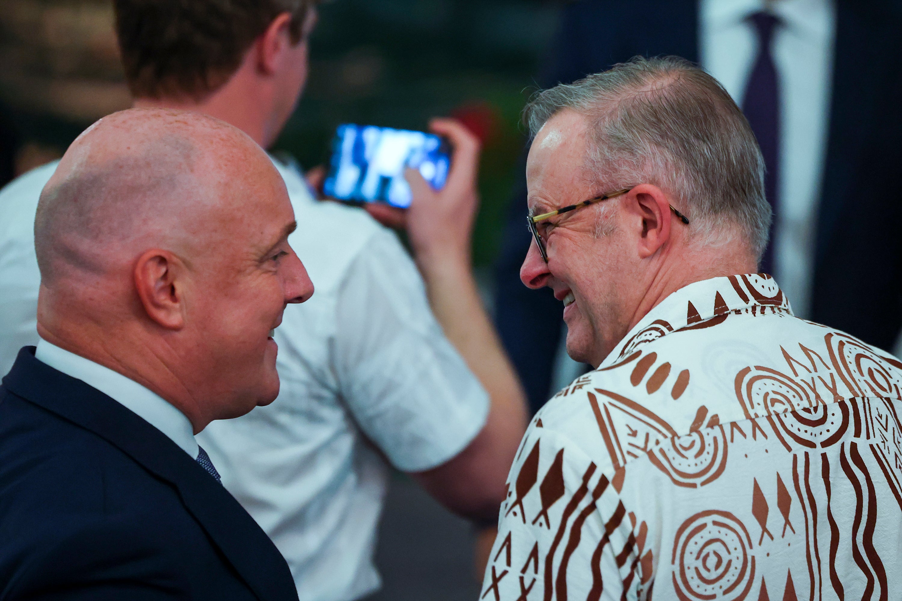 New Zealand Prime Minister Christopher Luxon (left) and Australian Prime Minister Anthony Albanese attend an official dinner and reception for the Commonwealth Heads of Government