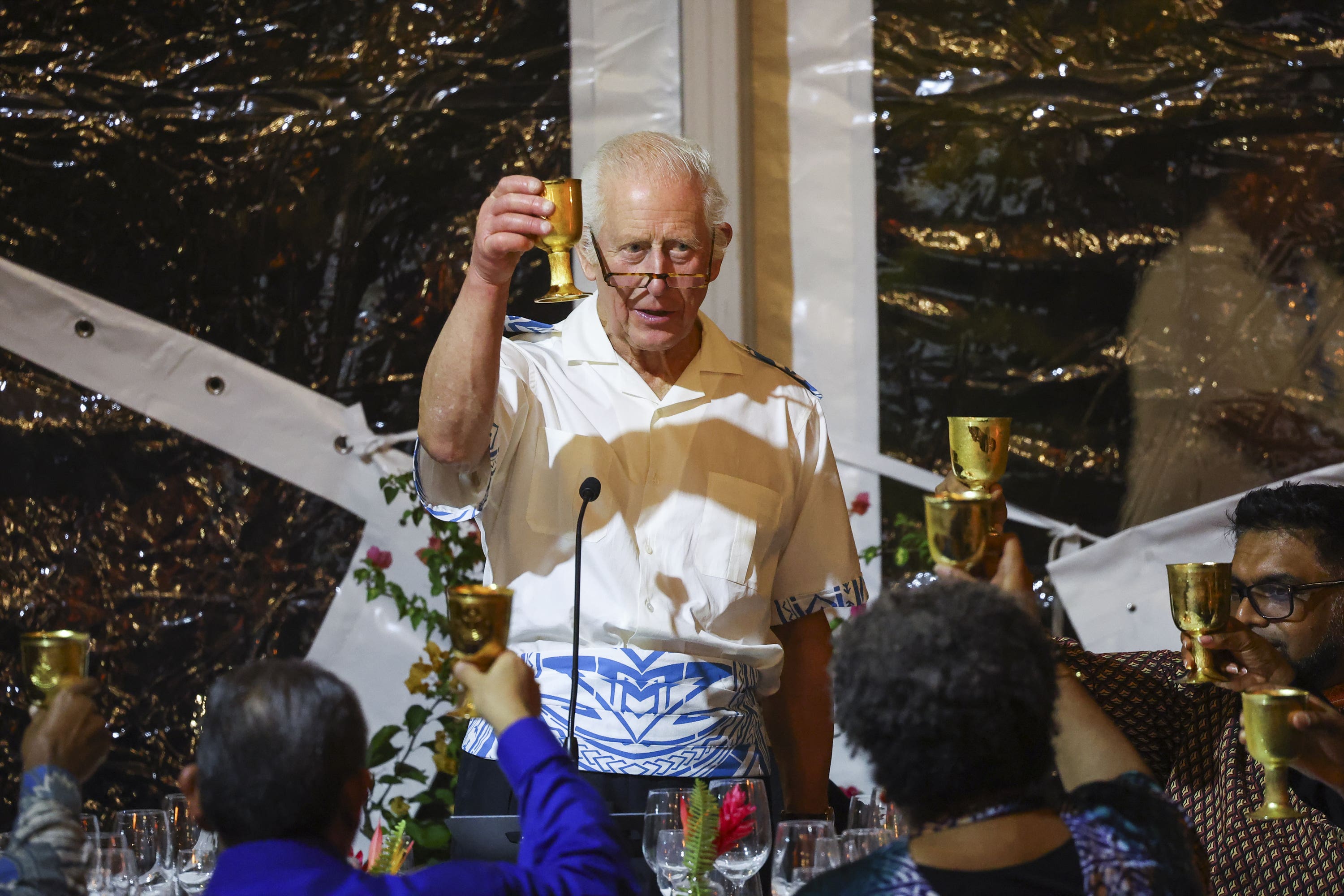 Charles hosted an official dinner and reception for the Commonwealth Heads of Government at the Robert Louis Stevenson Museum in Apia, Samoa on day six of the royal visit to Australia and Samoa (Toby Melville/PA)