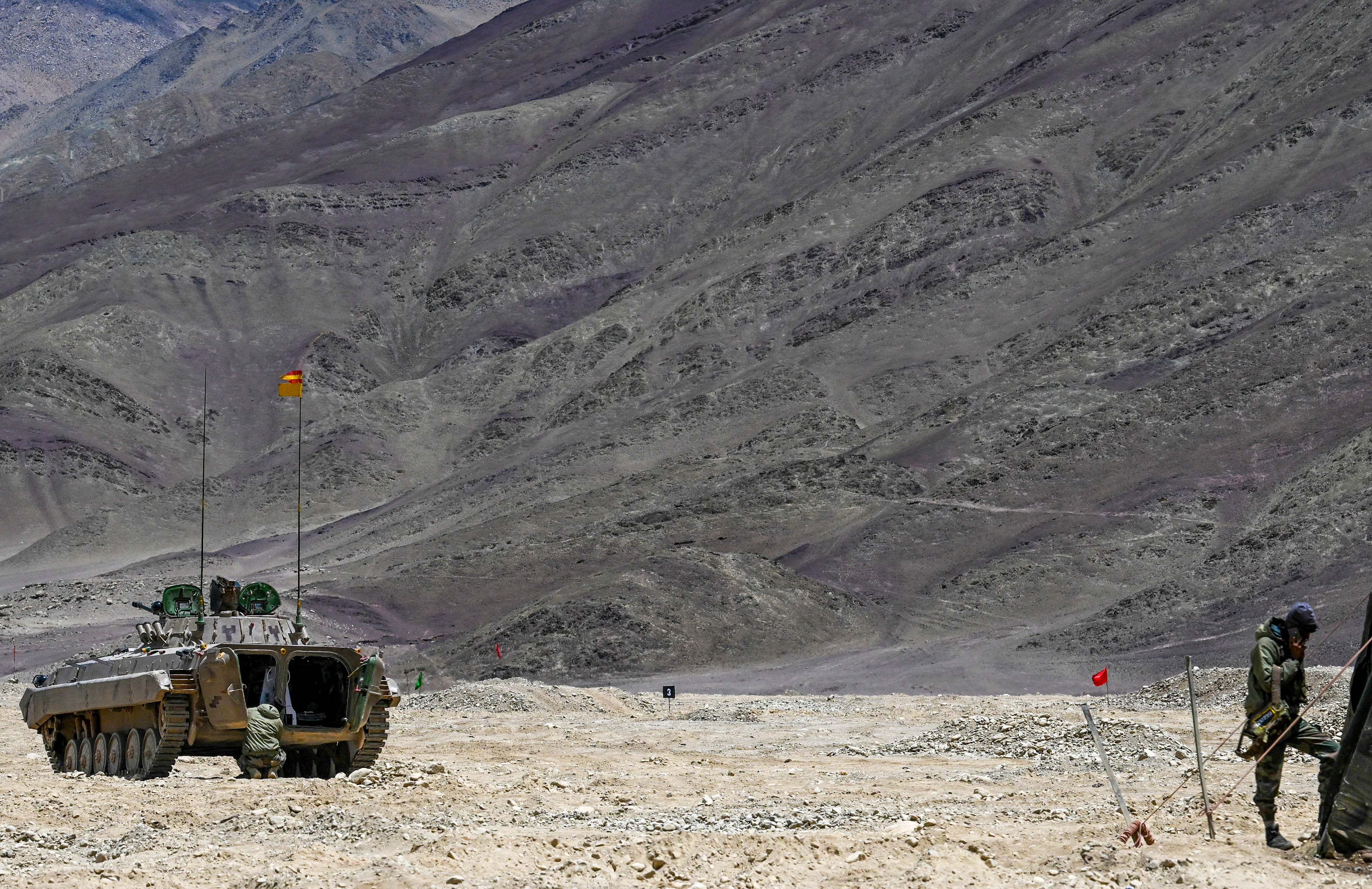 An armoured conveyance  of the Indian service  astatine  a subject   campy  successful  Eastern Ladakh