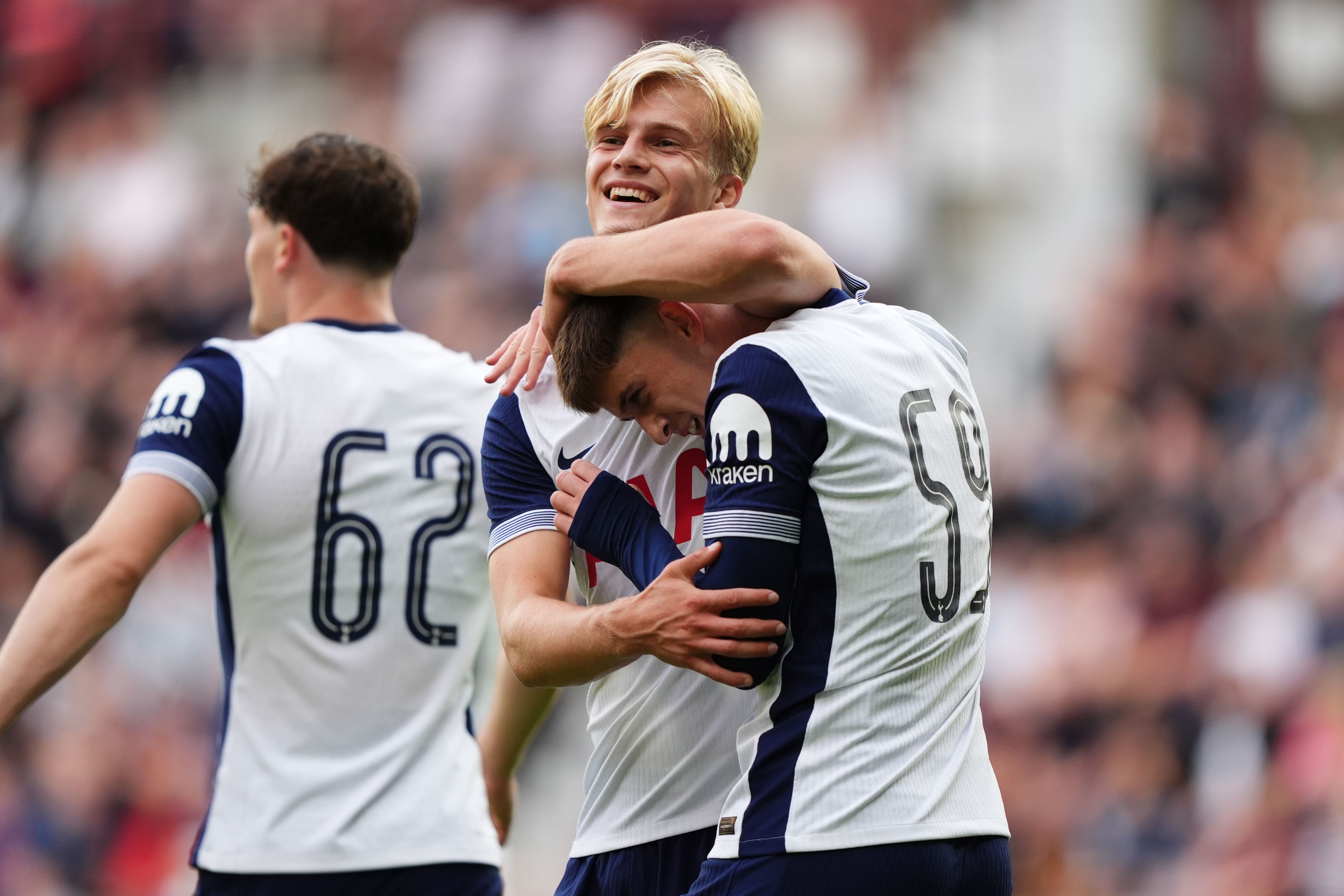 Tottenham Hotspur’s Mikey Moore (right) celebrates with Lucas Bergvall after scoring their side’s third goal of the game during the pre-season friendly match at Tynecastle Park, Edinburgh. Picture date: Wednesday July 17, 2024.