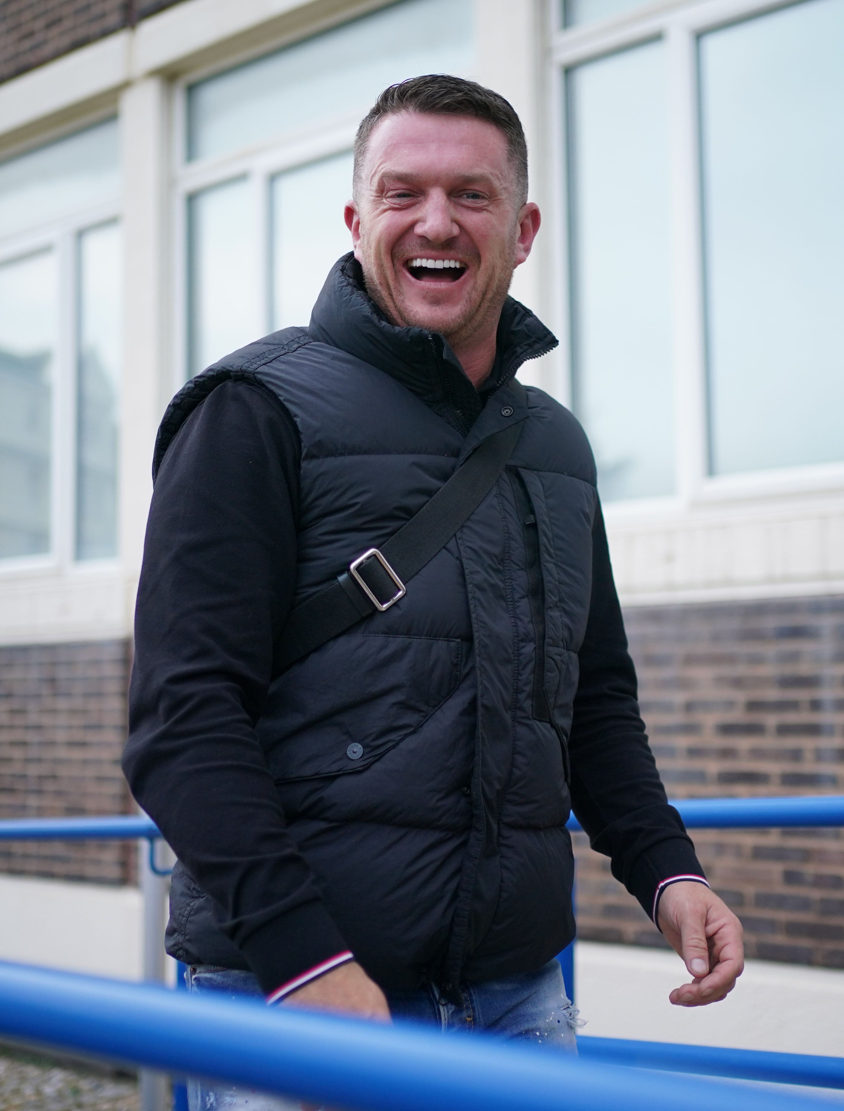 Tommy Robinson outside Folkestone Police Station as he handed himself in