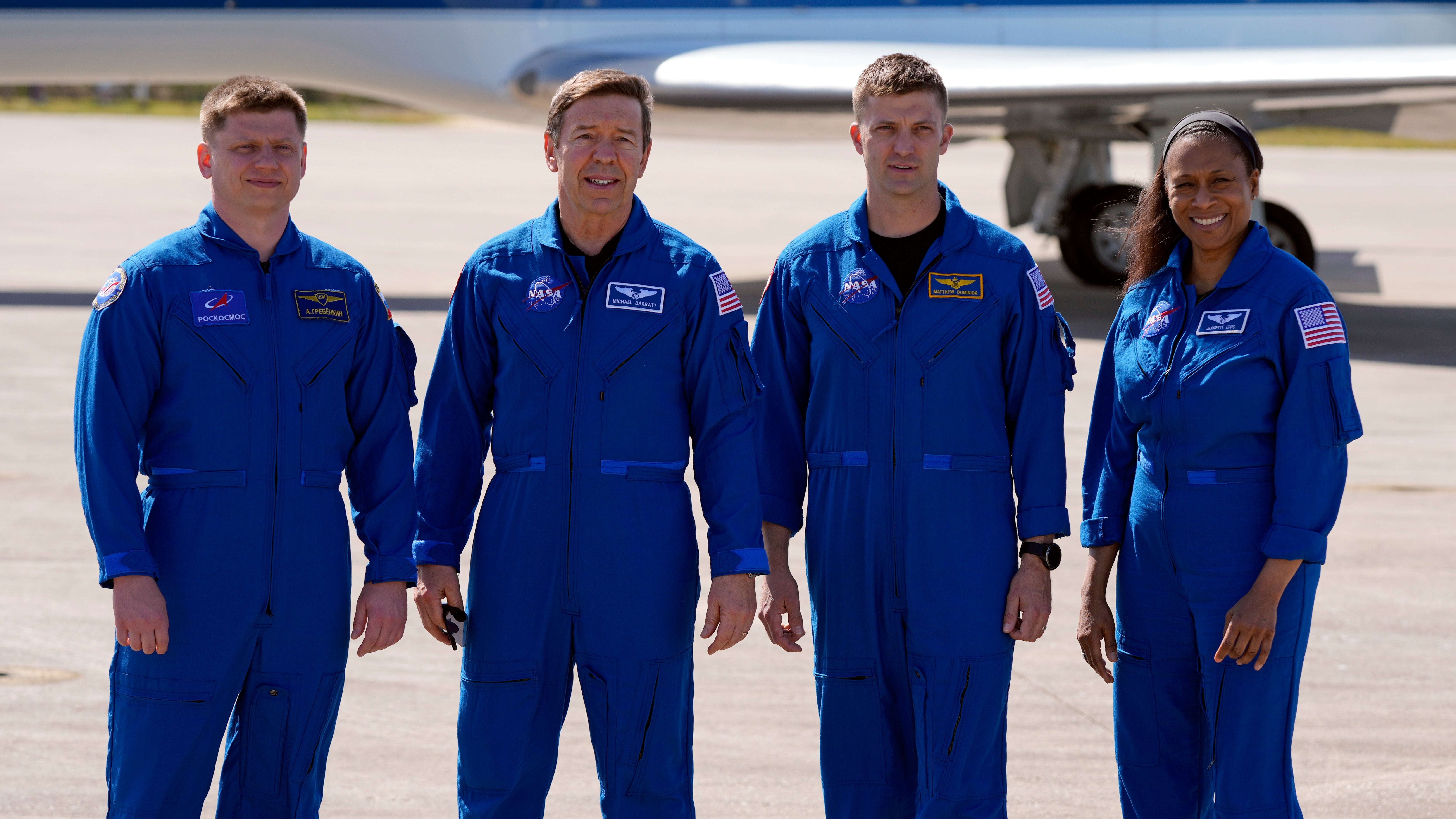 The group of NASA astronauts, from left: cosmonaut Alexander Grebenkin, pilot Michael Barratt, commander Matthew Dominick and mission specialist Jeanette Epps